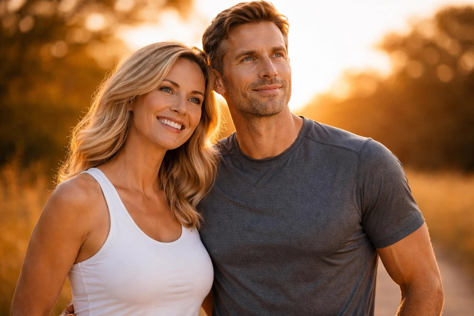 Fit man and woman in their 40s–50s outdoors at sunset, symbolizing vitality and balanced hormones