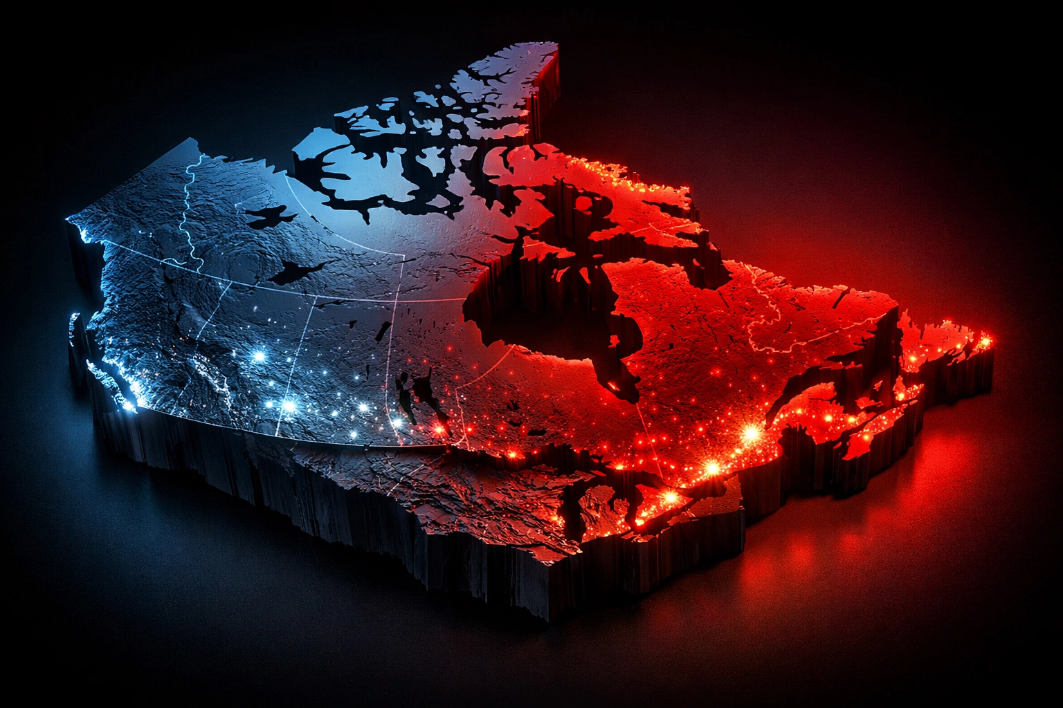 Map of Canada showing regional political divide between eastern and western provinces