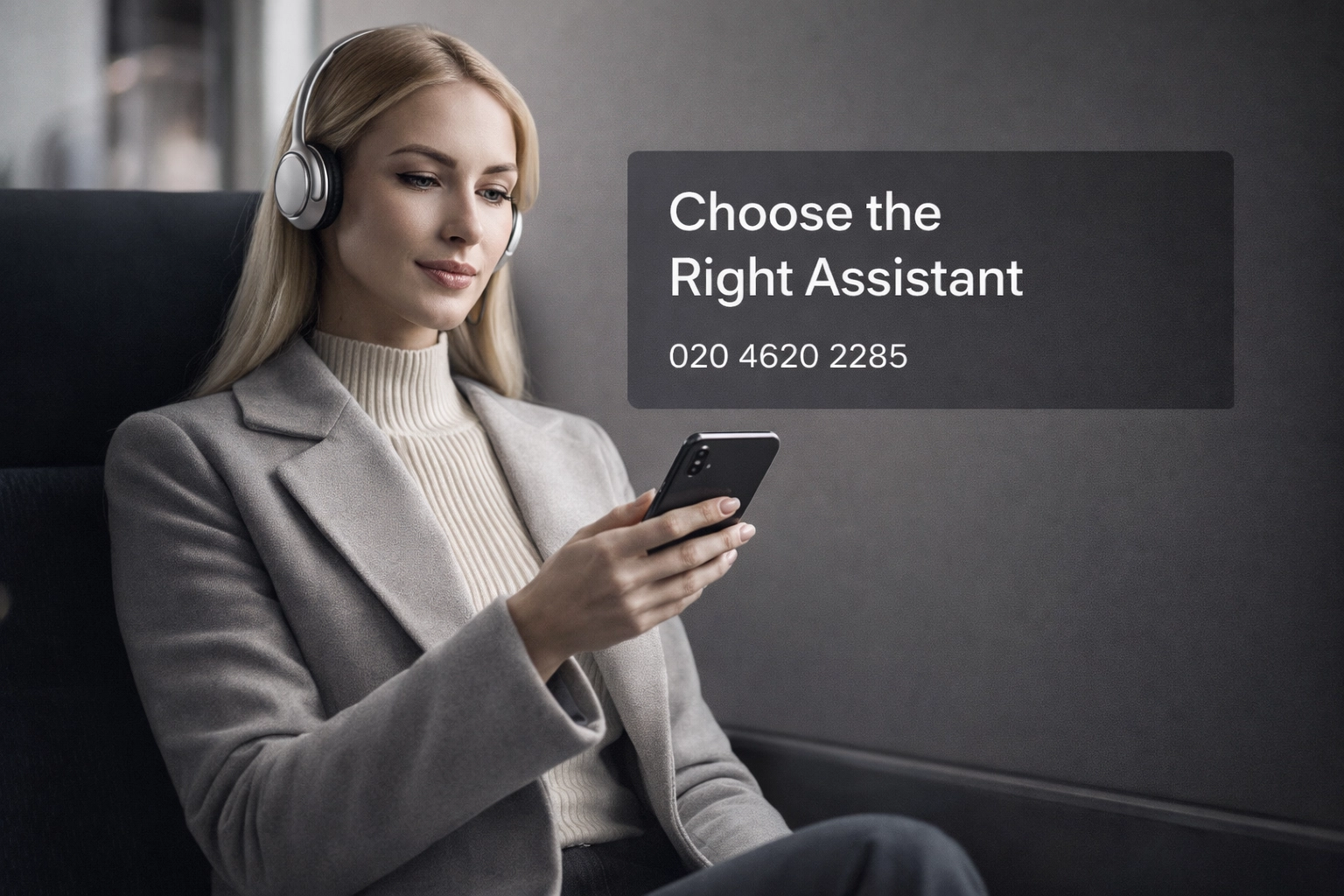Enterprise AI implementation in a London boardroom featuring professional technology consulting. A professional business meeting where an AI assistant is being demonstrated on a large screen, with a vibrant purple background overlay