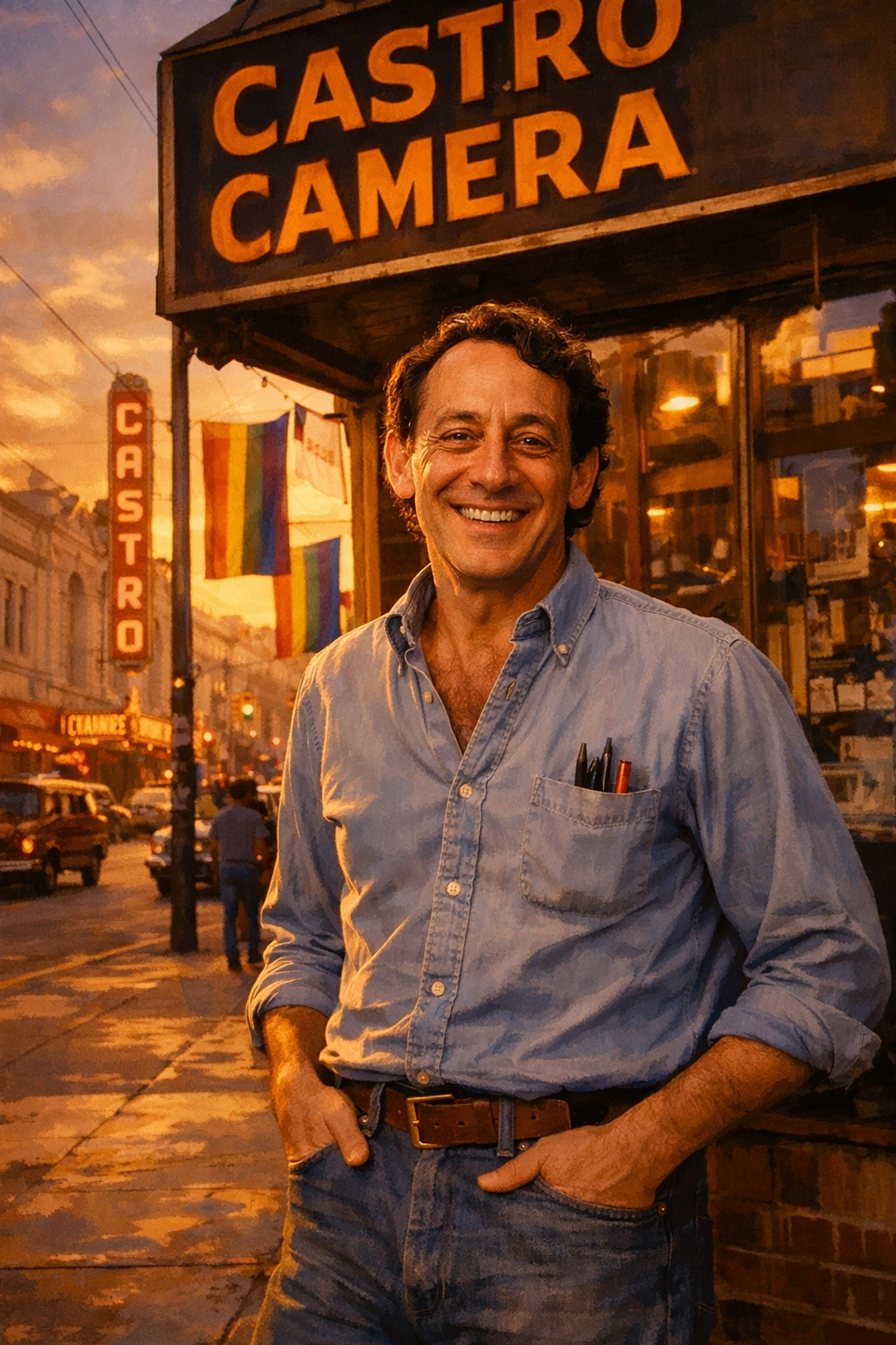 Harvey Milk at his Castro Street camera shop in 1970s San Francisco, LGBTQ+ activist and politician
