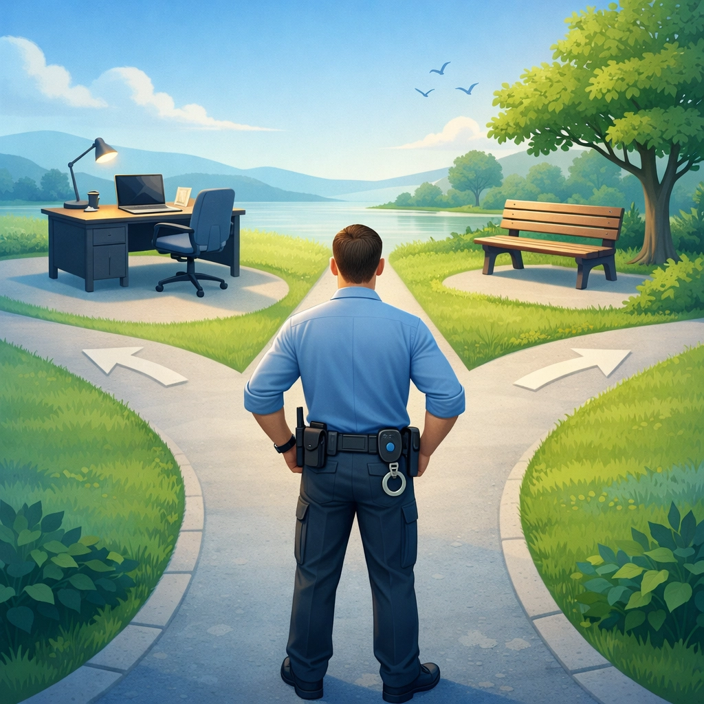 Law enforcement officer choosing between post-retirement work and full retirement paths