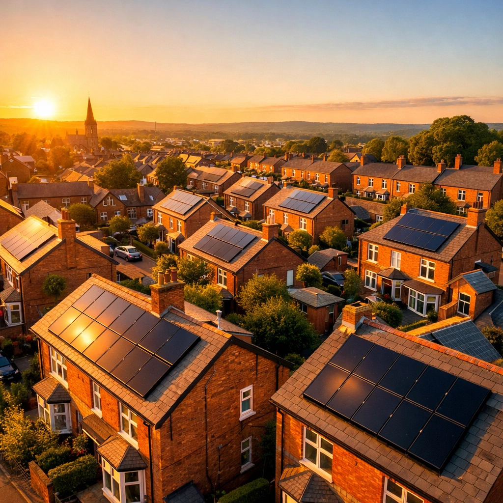 Residential solar panel installation UK on brick houses in Derby during a bright sunset.