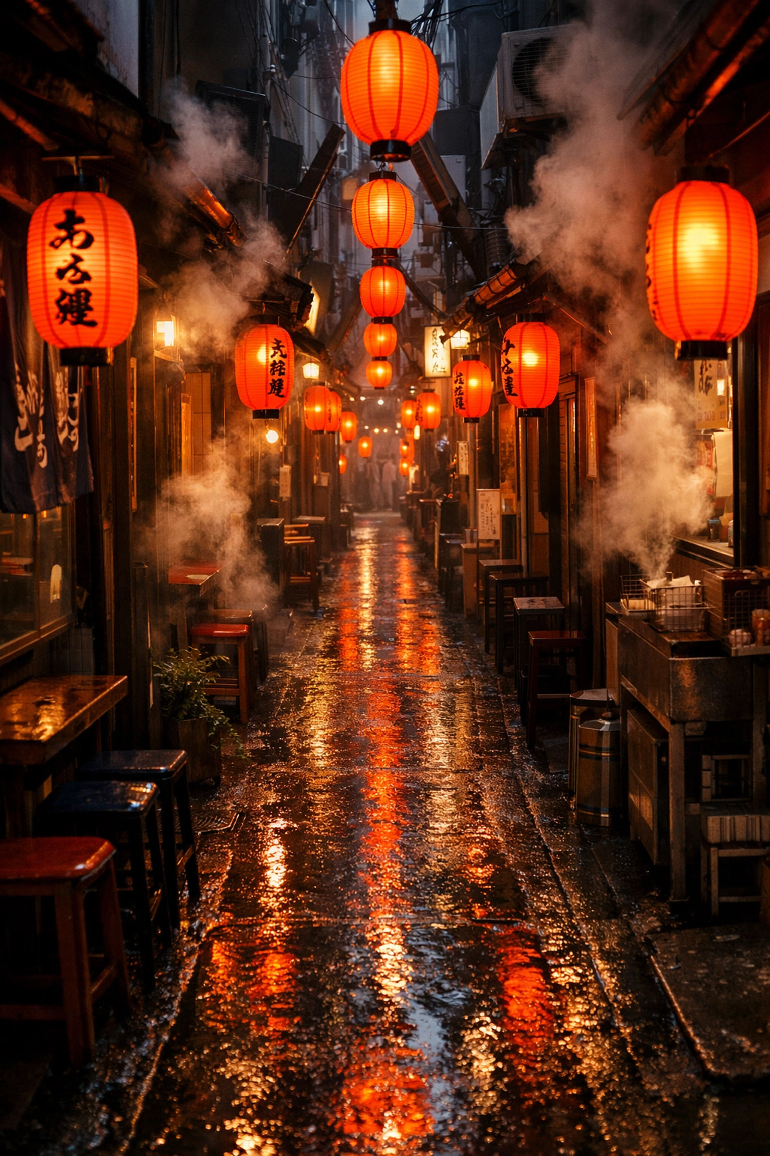 Narrow Tokyo yokocho alleyway with glowing red lanterns, a top spot for street photography.