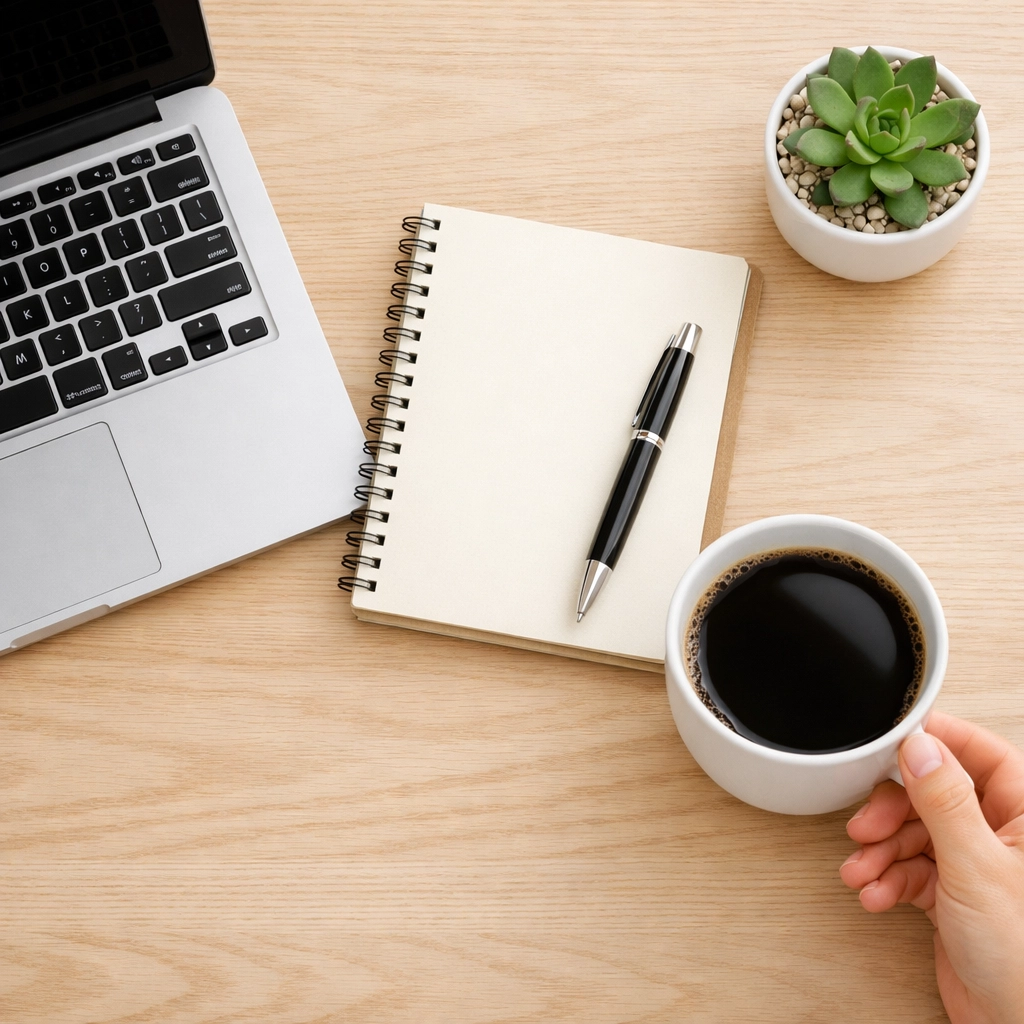 An entrepreneur managing their online coffee store from a minimalist workspace with fresh coffee.