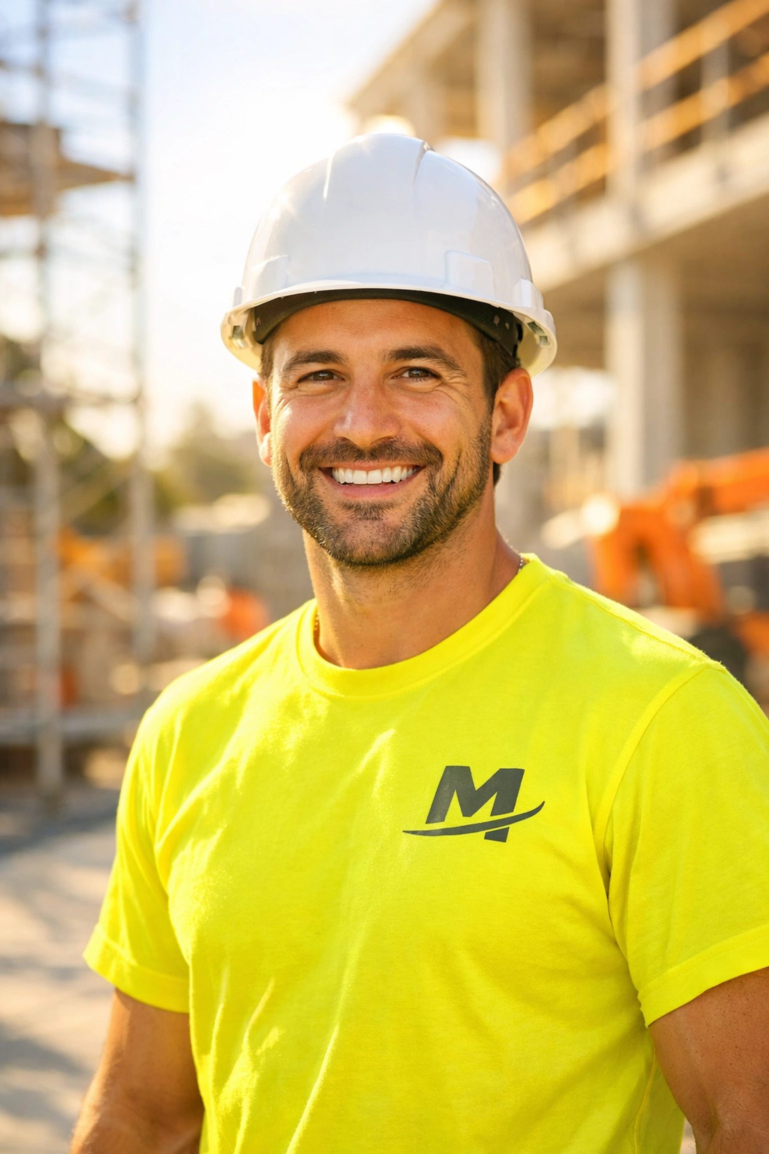 Professional worker on site wearing high-visibility custom t-shirts for safety and brand trust.