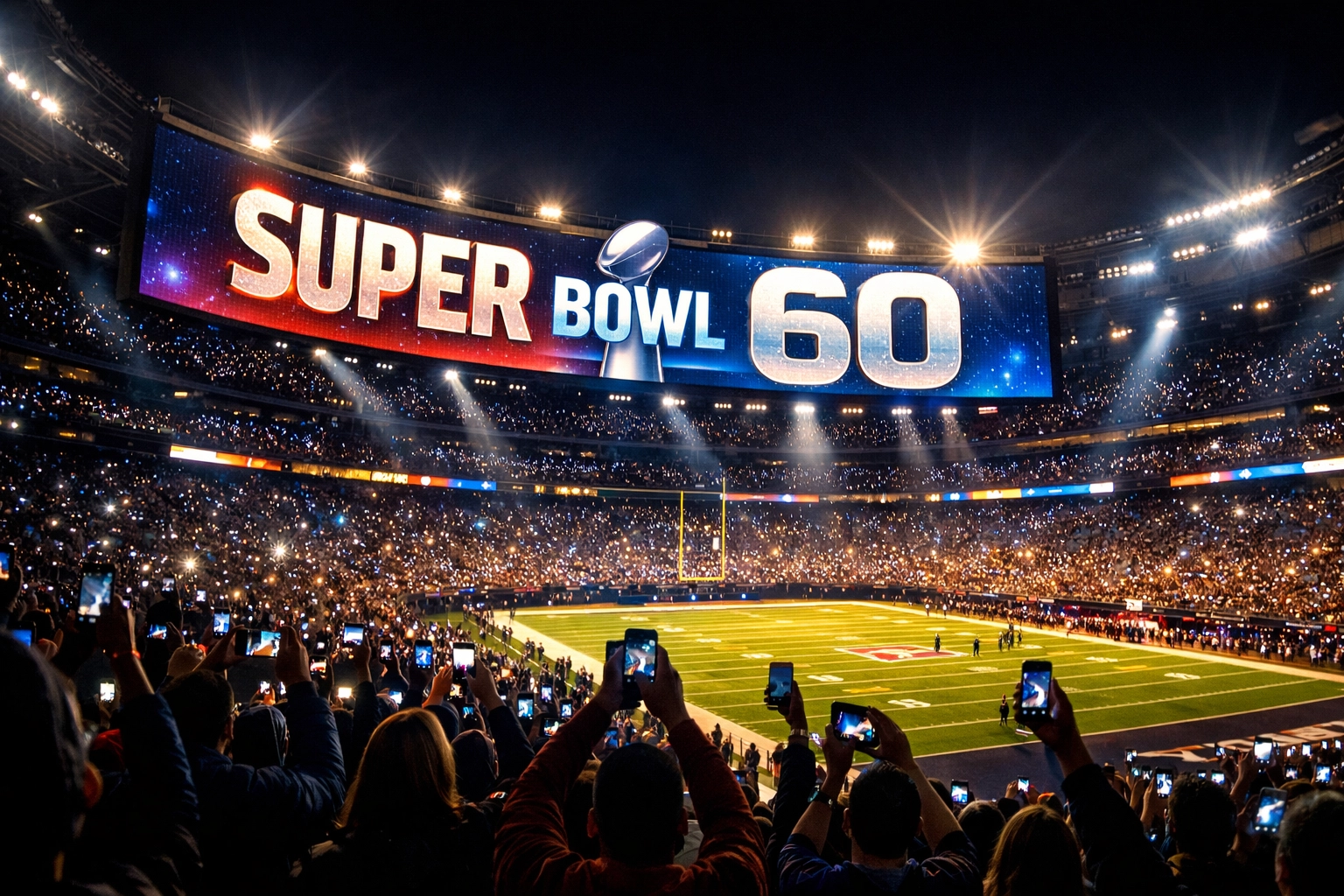 Super Bowl 60 stadium with engaged digital audience and smartphones creating modern viewing experience