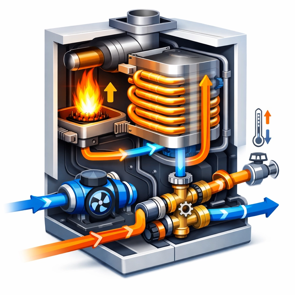 Internal boiler components including pump, heat exchanger, and burner assembly