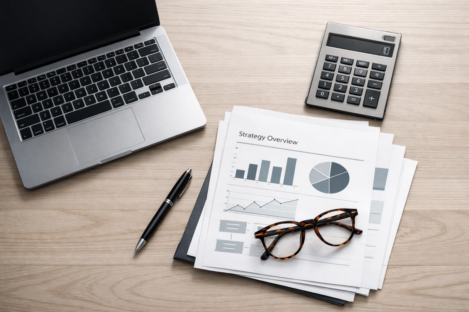 Strategic workspace with financial charts and a calculator for realistic business cost forecasting.