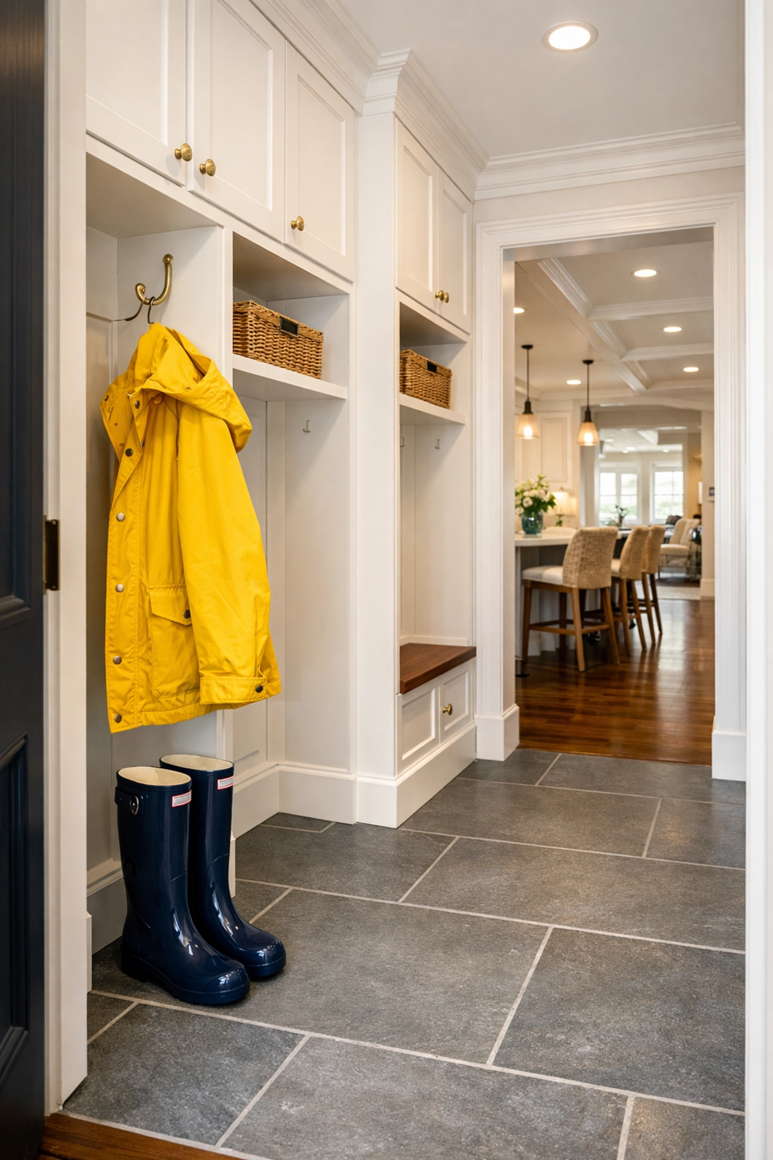 Immaculate mudroom in a Duxbury home, highlighting the effectiveness of professional eco-friendly luxury cleaning.