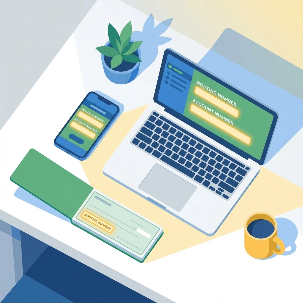 Laptop and smartphone showing bank account details for direct deposit of 2026 tax refund