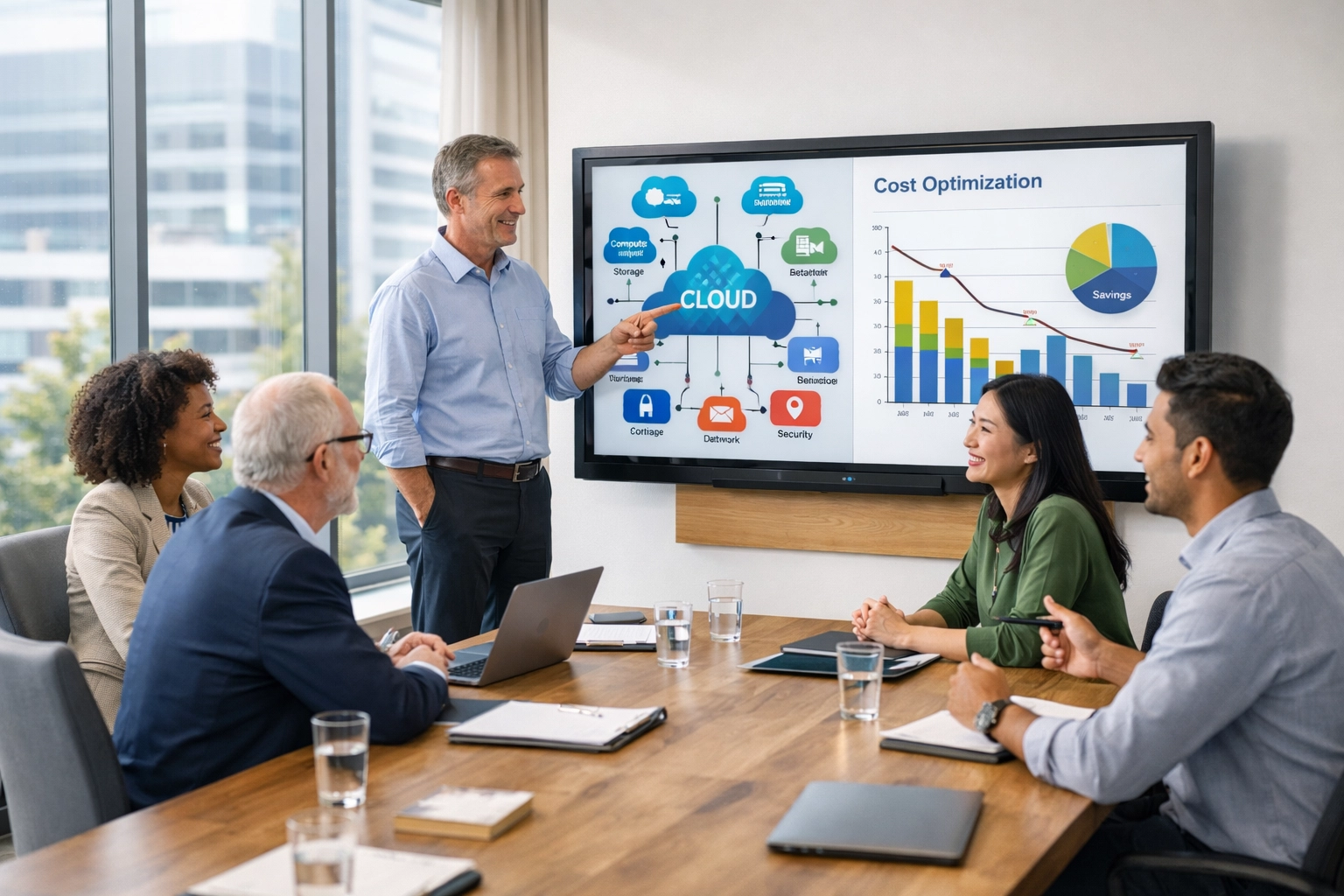 Team reviewing ServiceNow ITOM cloud cost optimization and infrastructure management data