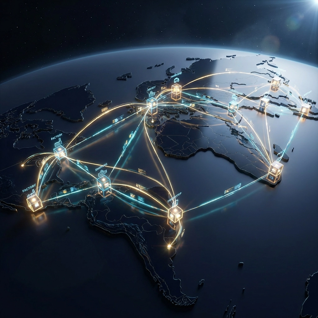 Global supply chain map visualizing NFT verification points from factory to consumer using blockchain