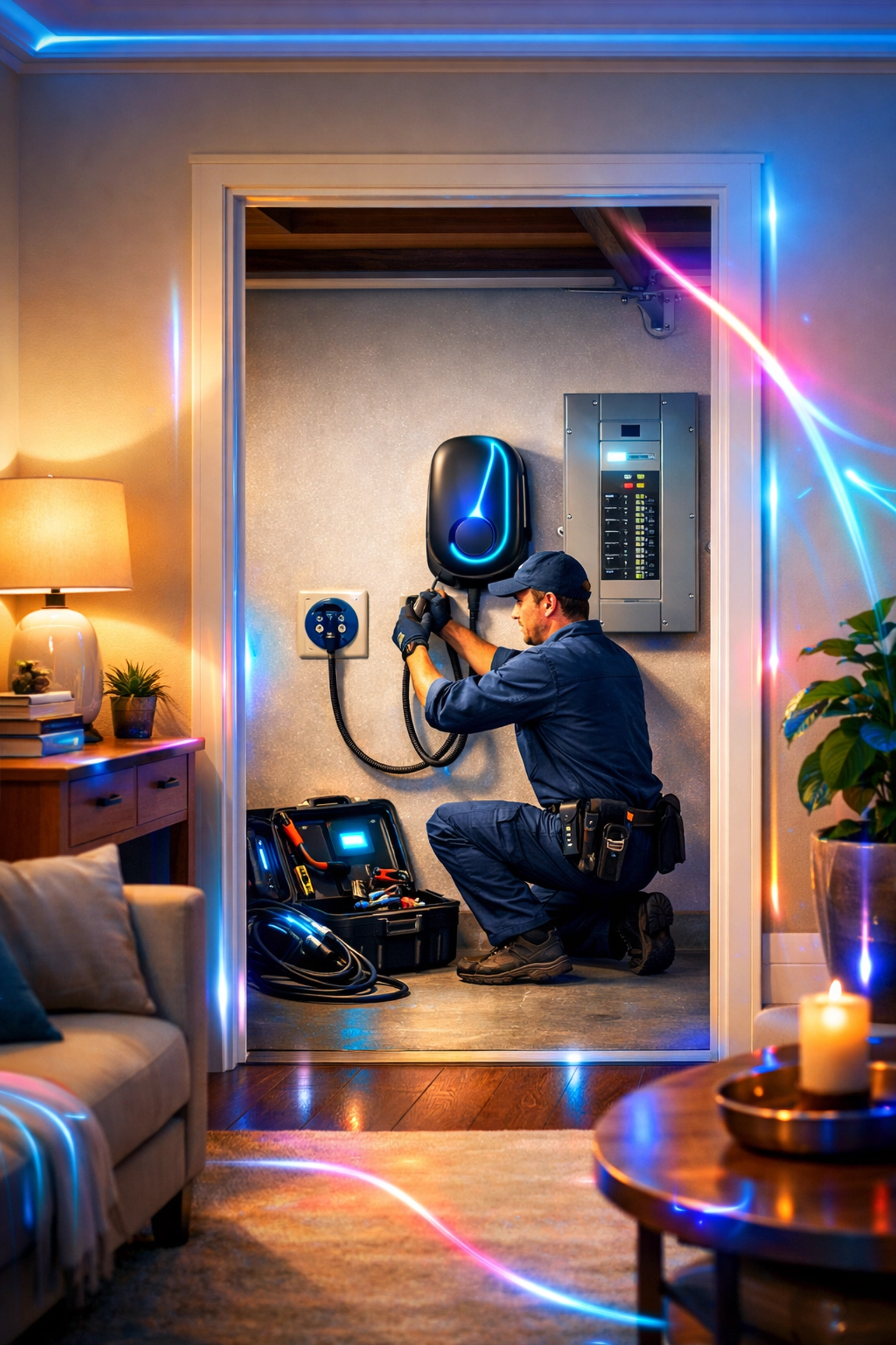 Residential electrician performing scheduled EV charger installation in modern home garage