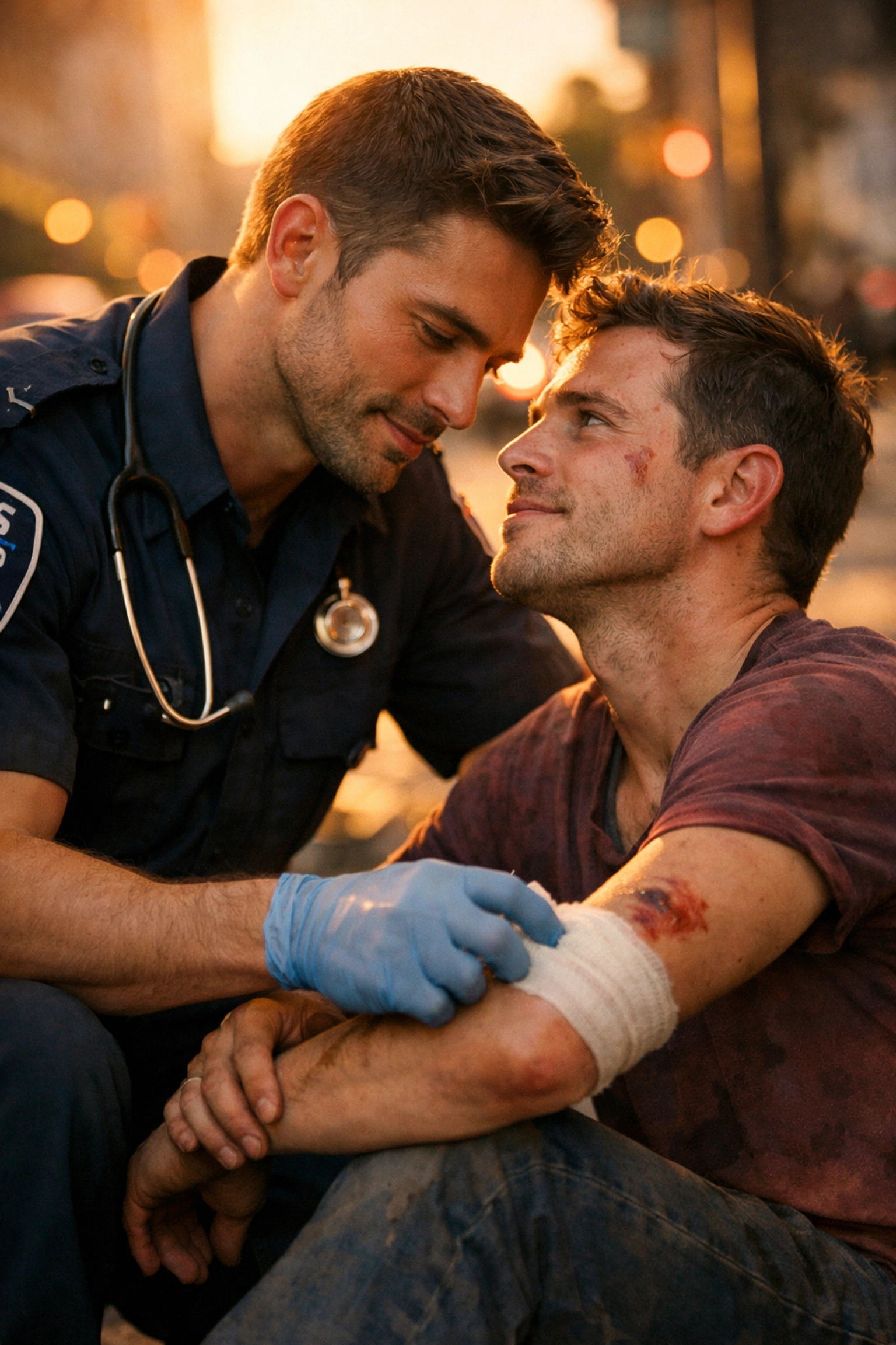 Paramedic caring for injured man on sidewalk in MM romance hurt/comfort meet-cute scene