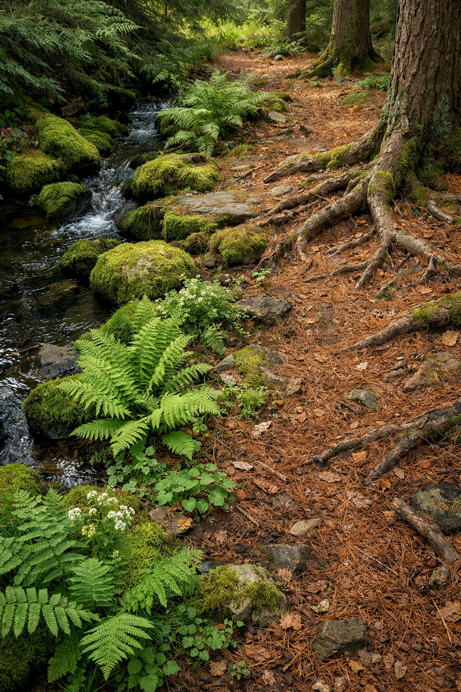 Woodland floor showing transitions between damp moss and dry ground for wild camping guided UK.