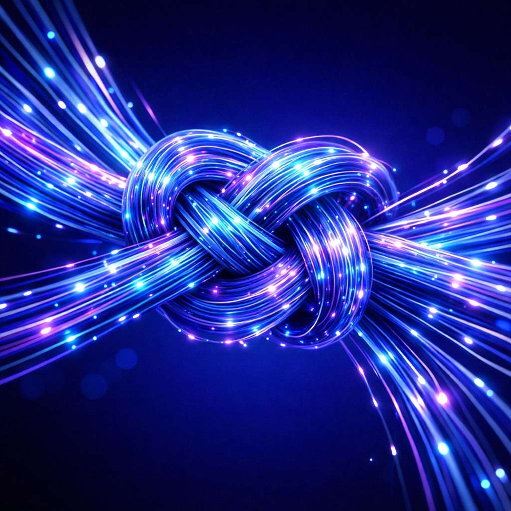 Glowing fiber-optic strands symbolizing data-driven AI candidate matching and administrative recruiting technology.