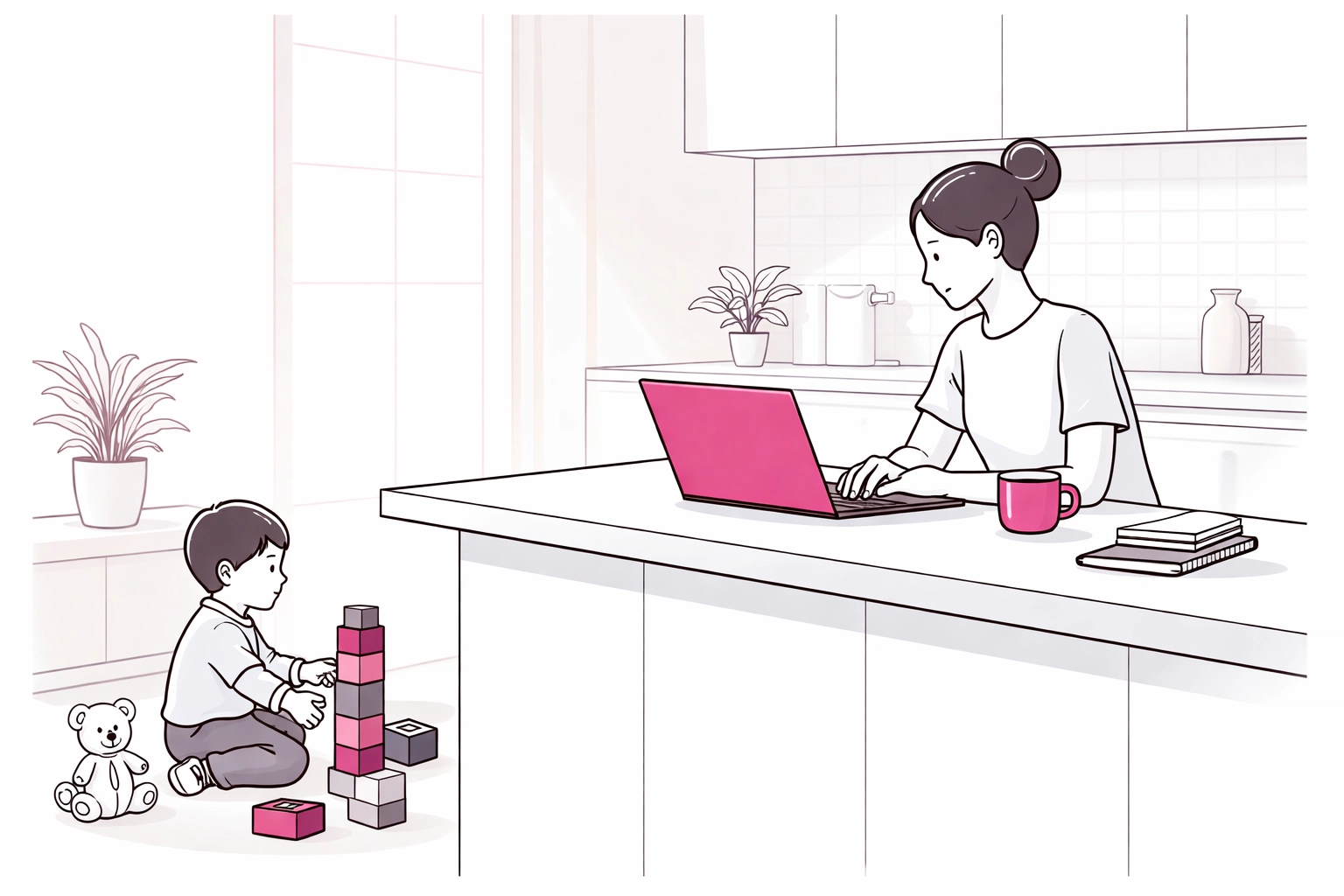 Busy parent entrepreneur working on laptop while child plays nearby, balancing business and family