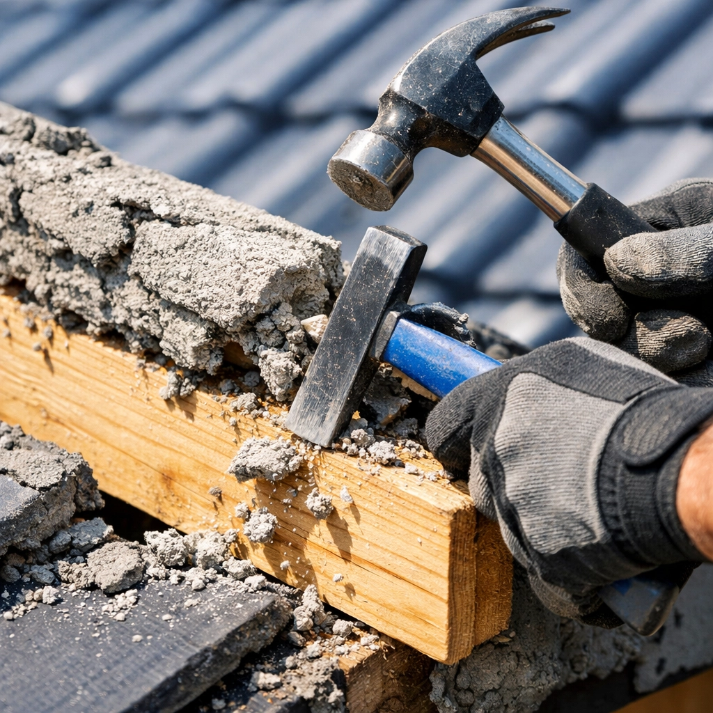 Removing old mortar from roof verge for proper dry verge installation