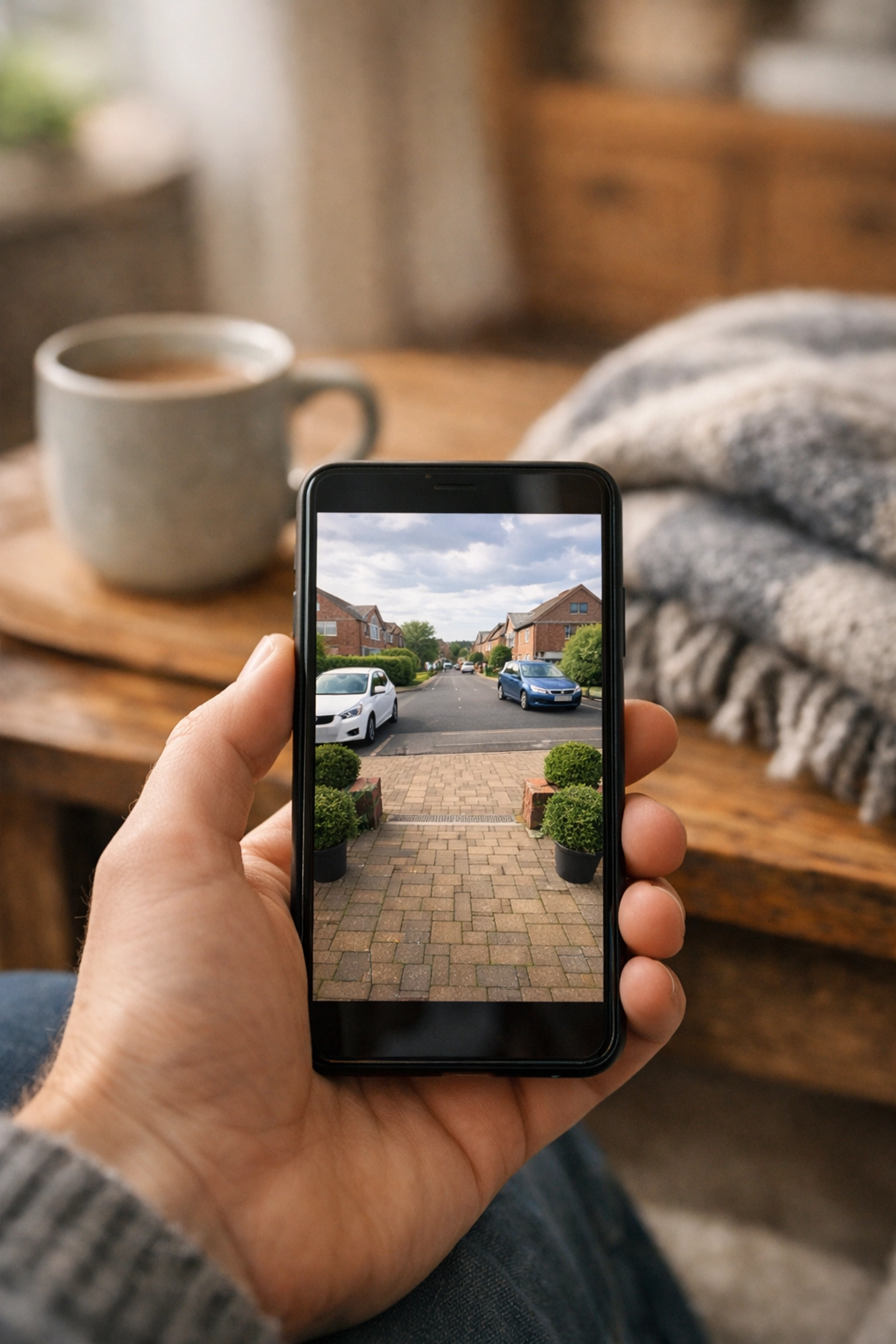 A smartphone displaying a live CCTV feed of a driveway, offering peace of mind to homeowners in Longwell Green.