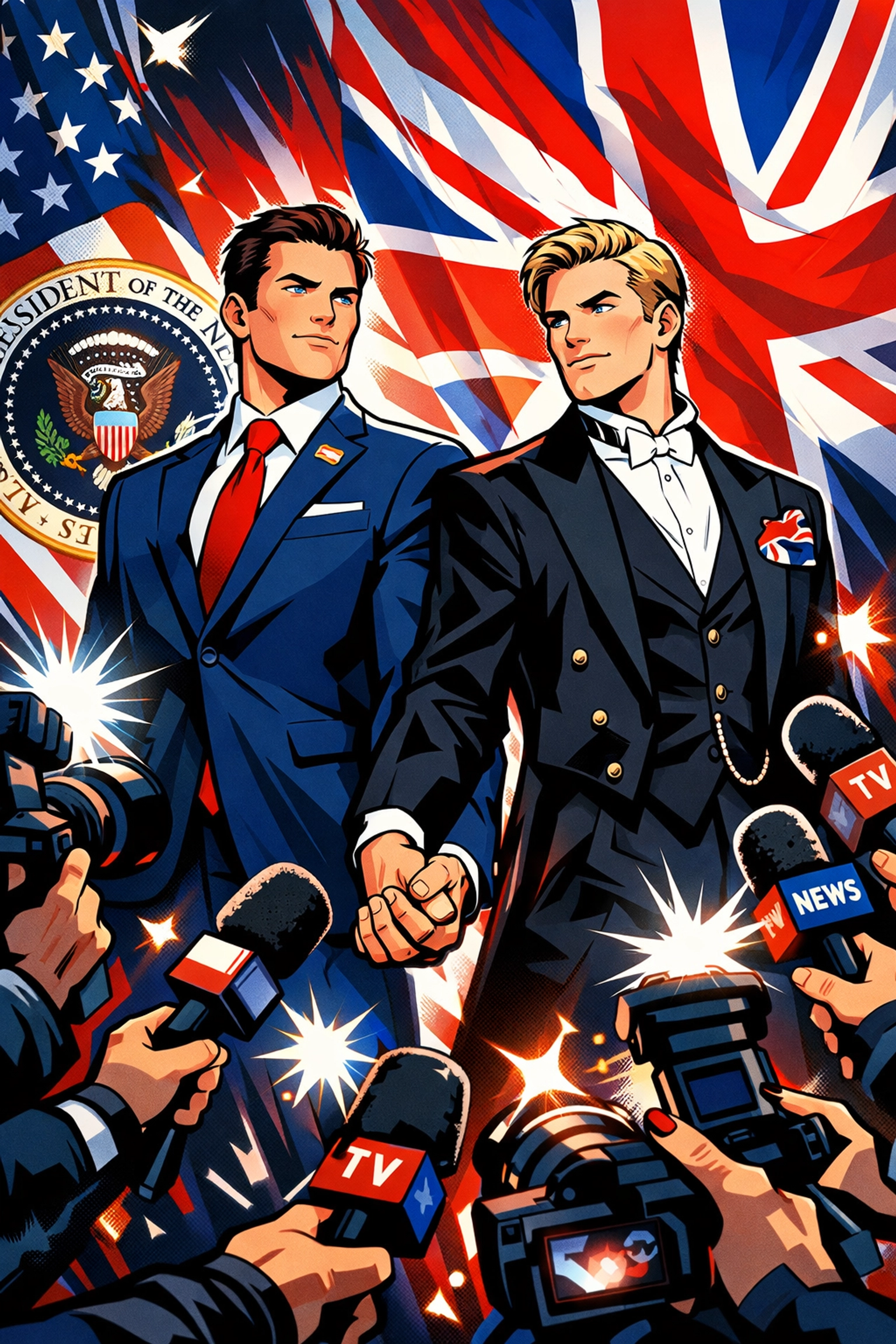 Two men holding hands at press conference - LGBTQ+ representation and coming out in queer fiction