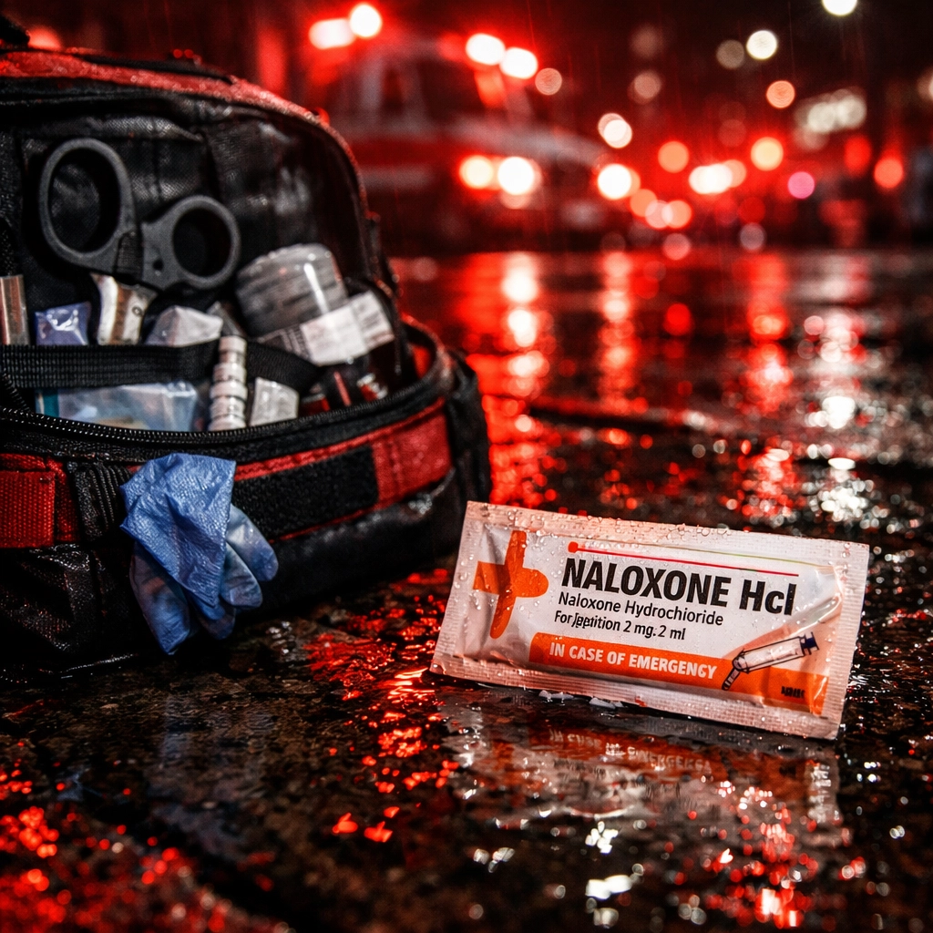 Close-up of a naloxone kit and emergency medical supplies on a Regina sidewalk at night.
