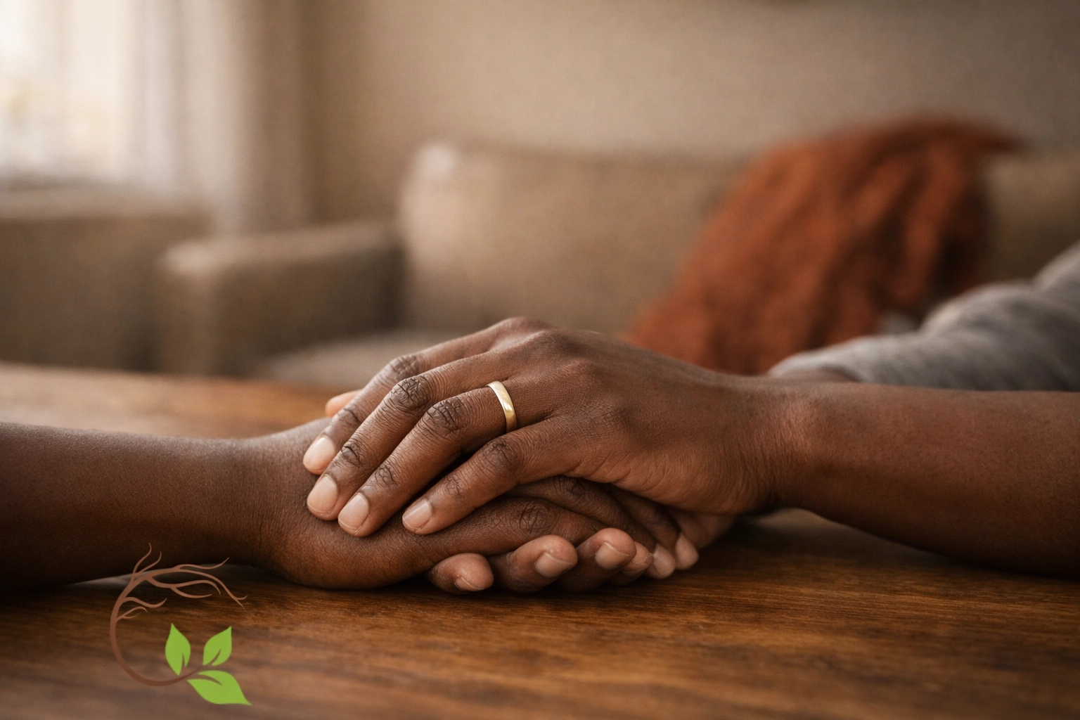 Two hands holding across table representing couple building emotional safety together