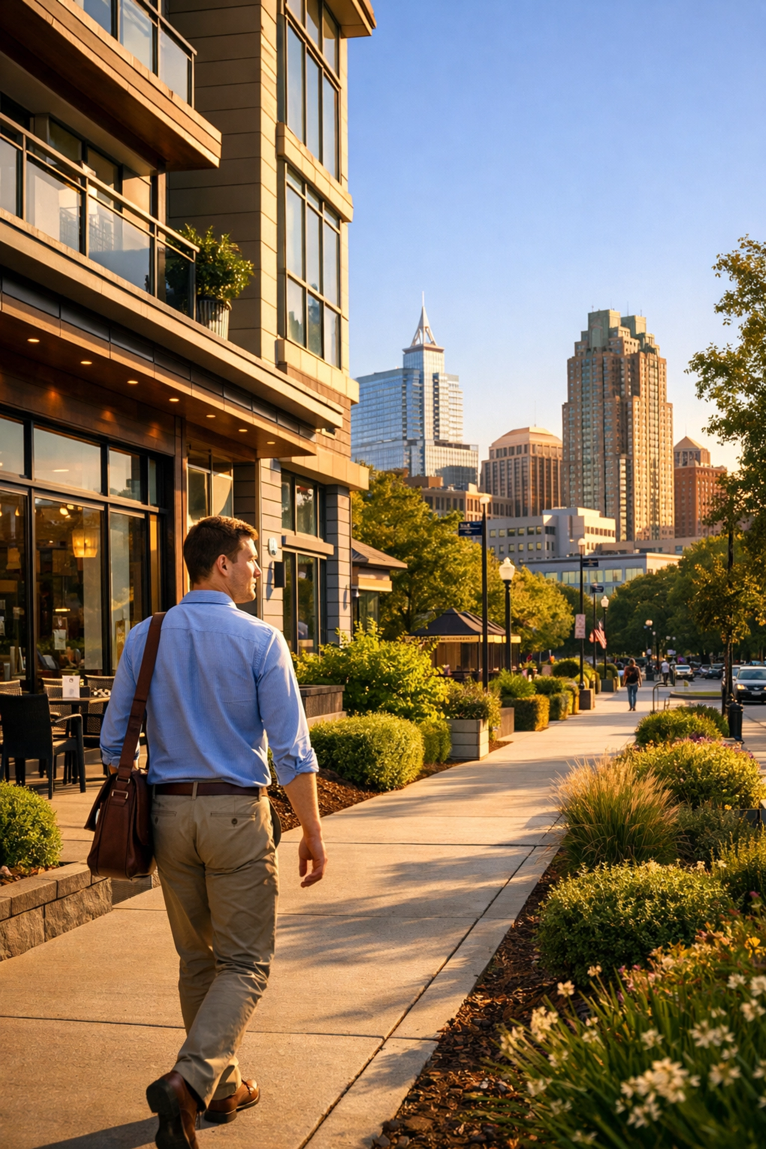 Modern Raleigh streetscape and skyline, showcasing walkable neighborhoods for professional Raleigh rooms for rent.