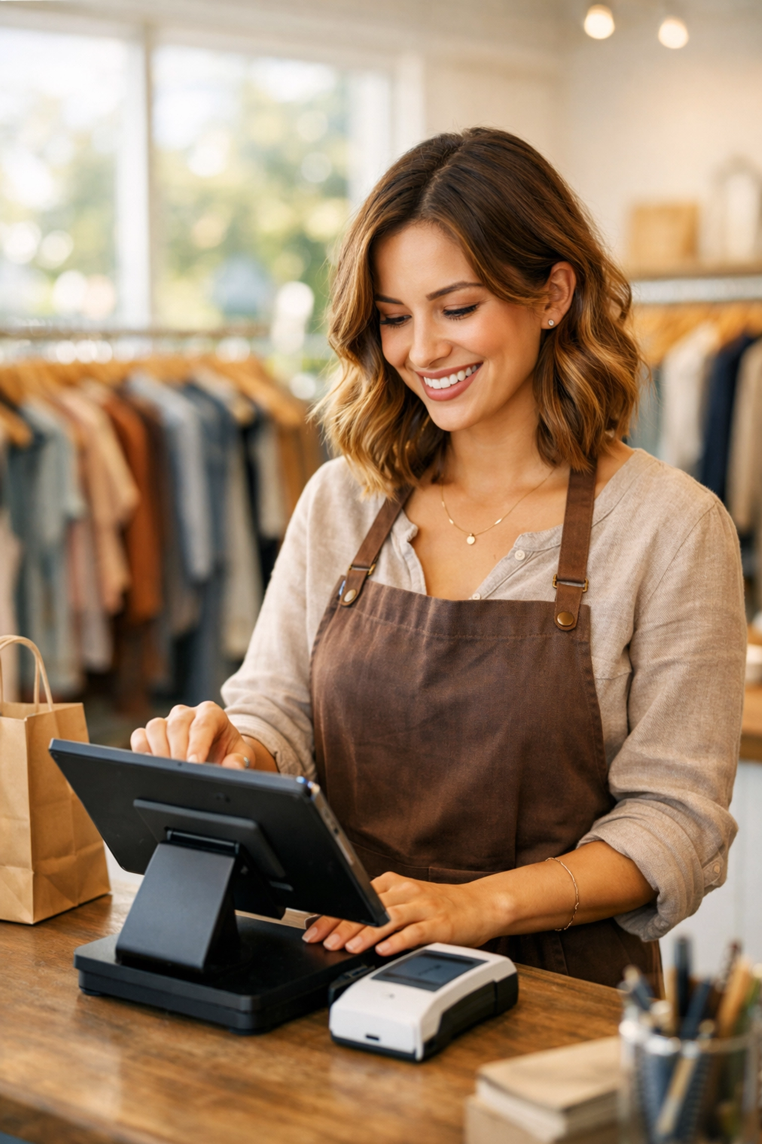 Shop owner using Shopify POS tablet system in boutique retail store
