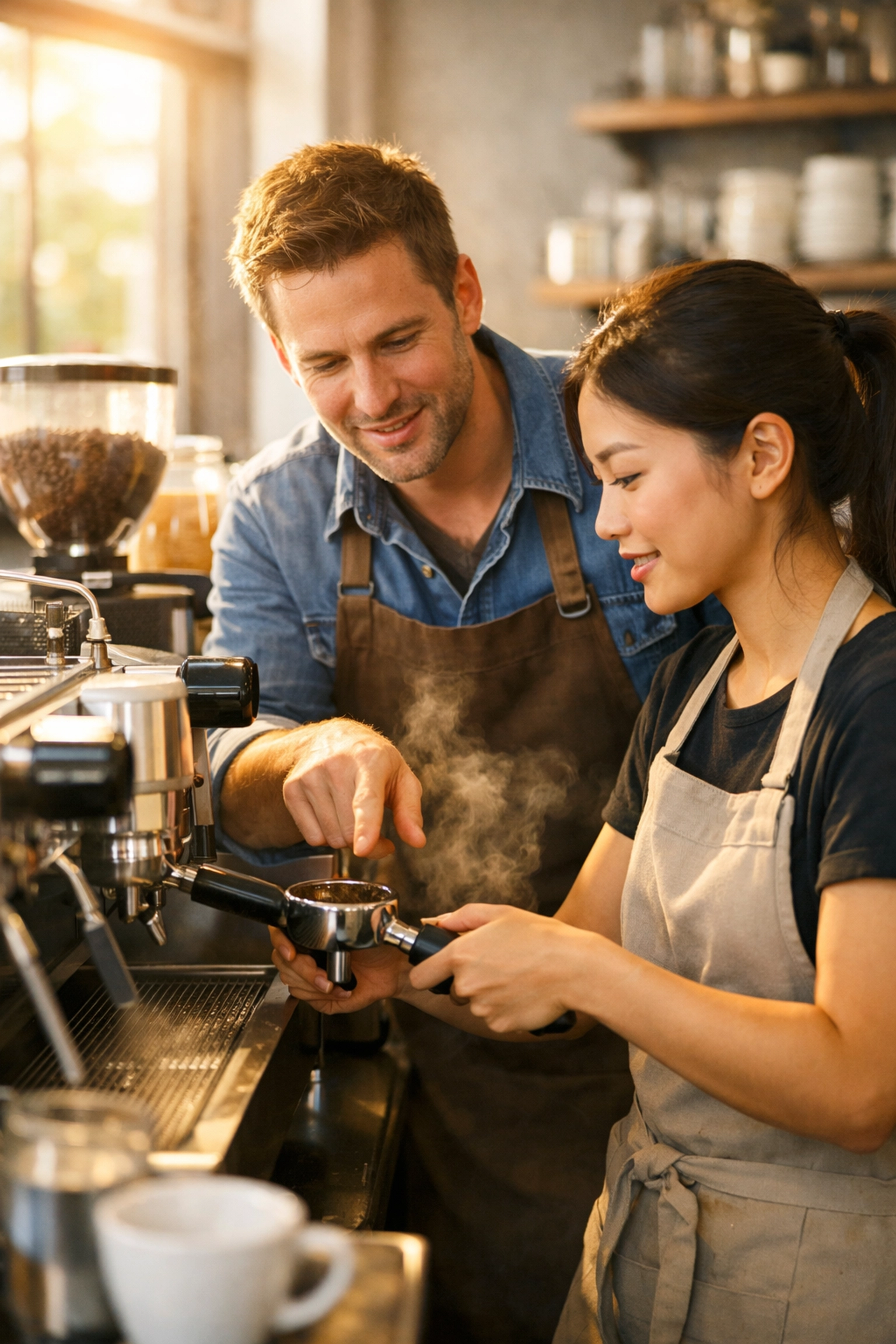 Experienced barista training new staff member on espresso machine in coffee shop
