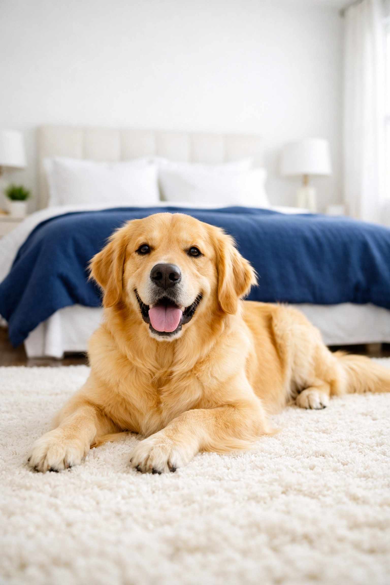 A pet-friendly, spotless bedroom in Lancaster with a clean rug and bed after a professional house cleaning.