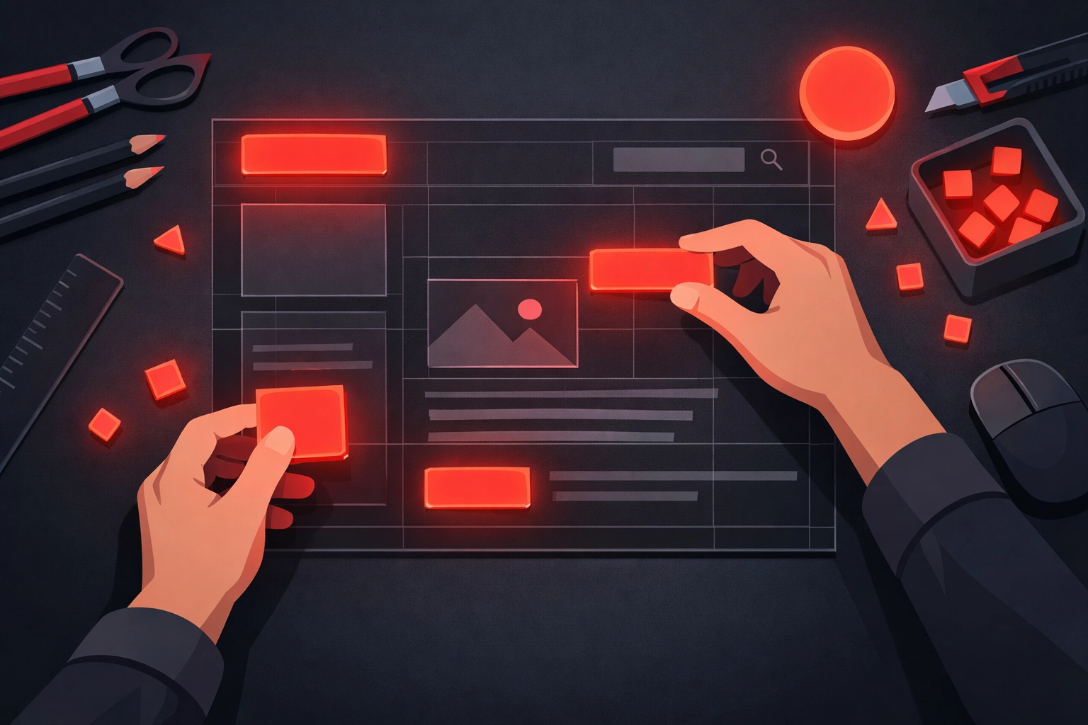 Digital illustration of a professional website layout being built for search engine visibility.