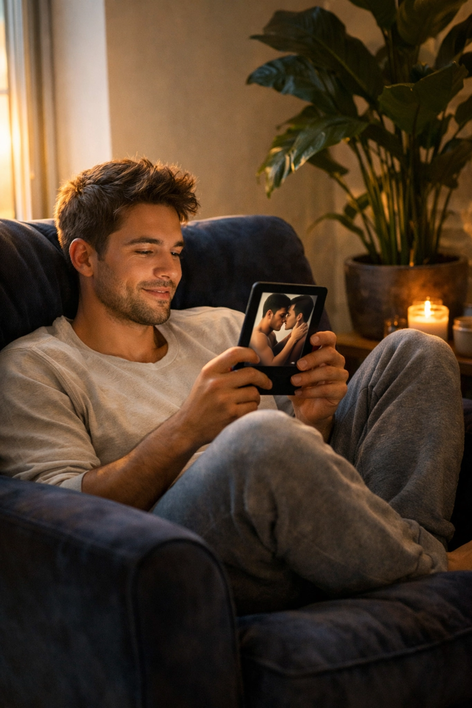 A man relaxing in a plush navy blue armchair while reading an MM romance ebook in a sun-drenched corner.