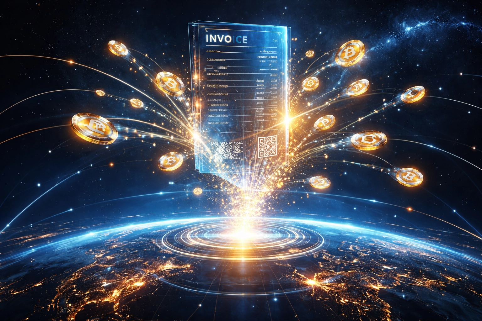 Digital invoice transforming into blockchain payment tokens, symbolizing instant liquidity and global Web3 receivables.