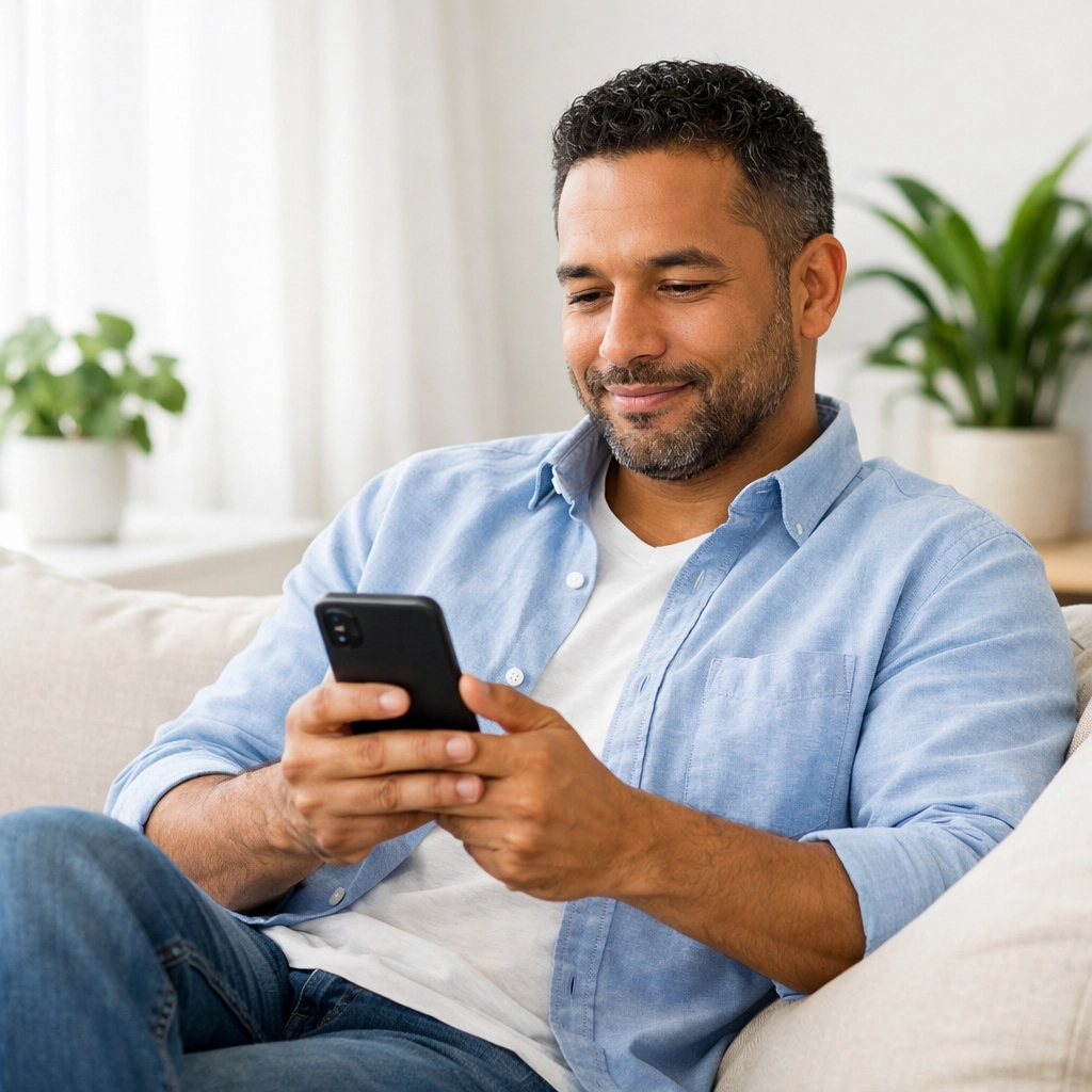 Patient using a smartphone for a telehealth weight loss assessment and medical consultation in California.