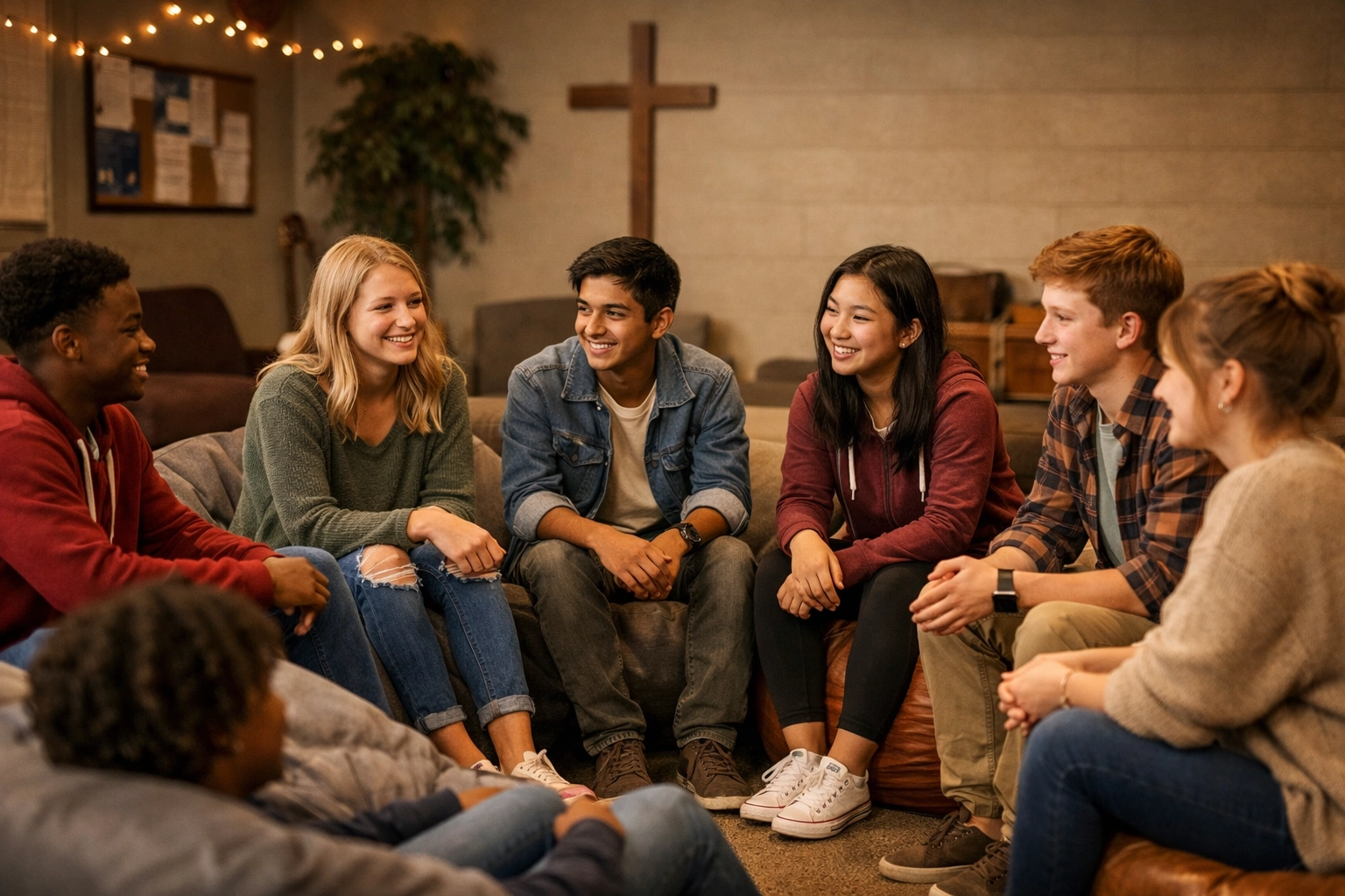 Diverse teens in group therapy session at church discussing mental health and faith