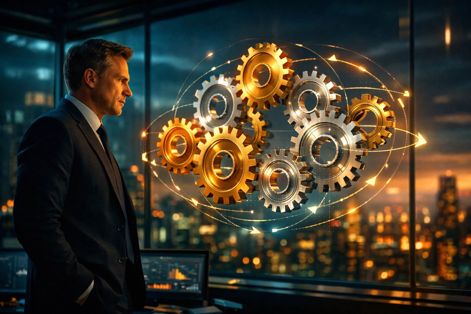 Strategic visualization of business cash flows and gears representing efficient working capital management.