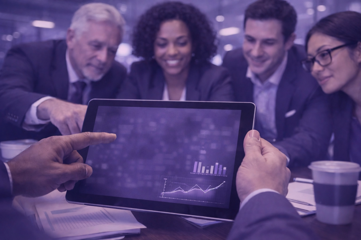 Legal team using a tablet to collaborate on automated data workflows for increased law firm productivity.