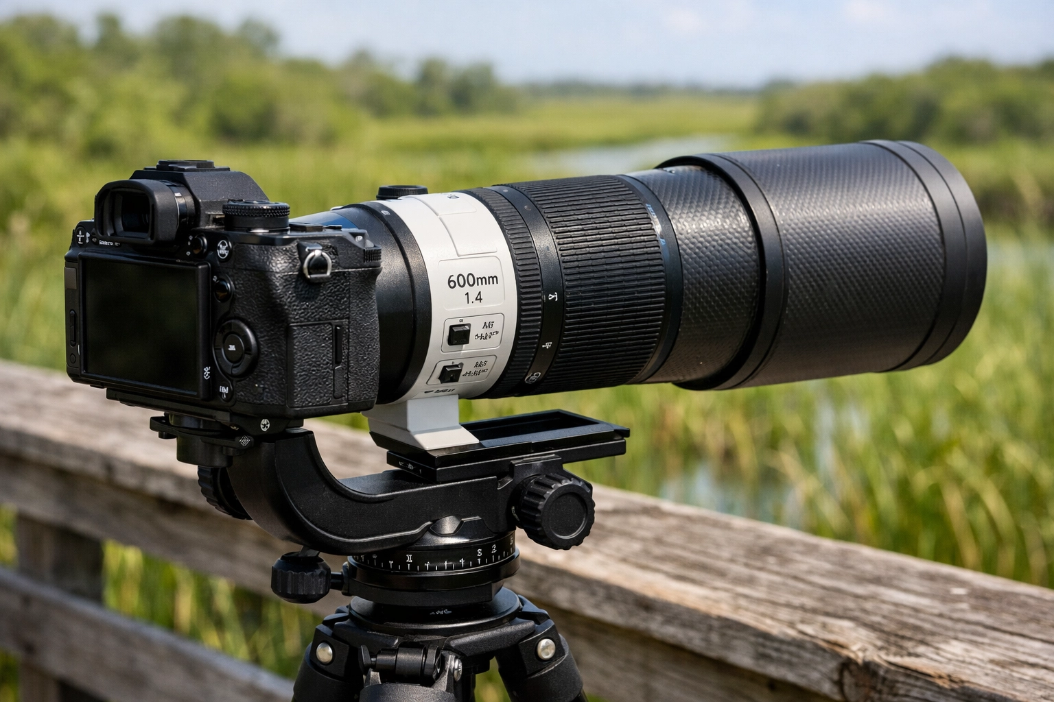 High-end mirrorless camera and telephoto lens on a tripod set up for wildlife photography in the Everglades.