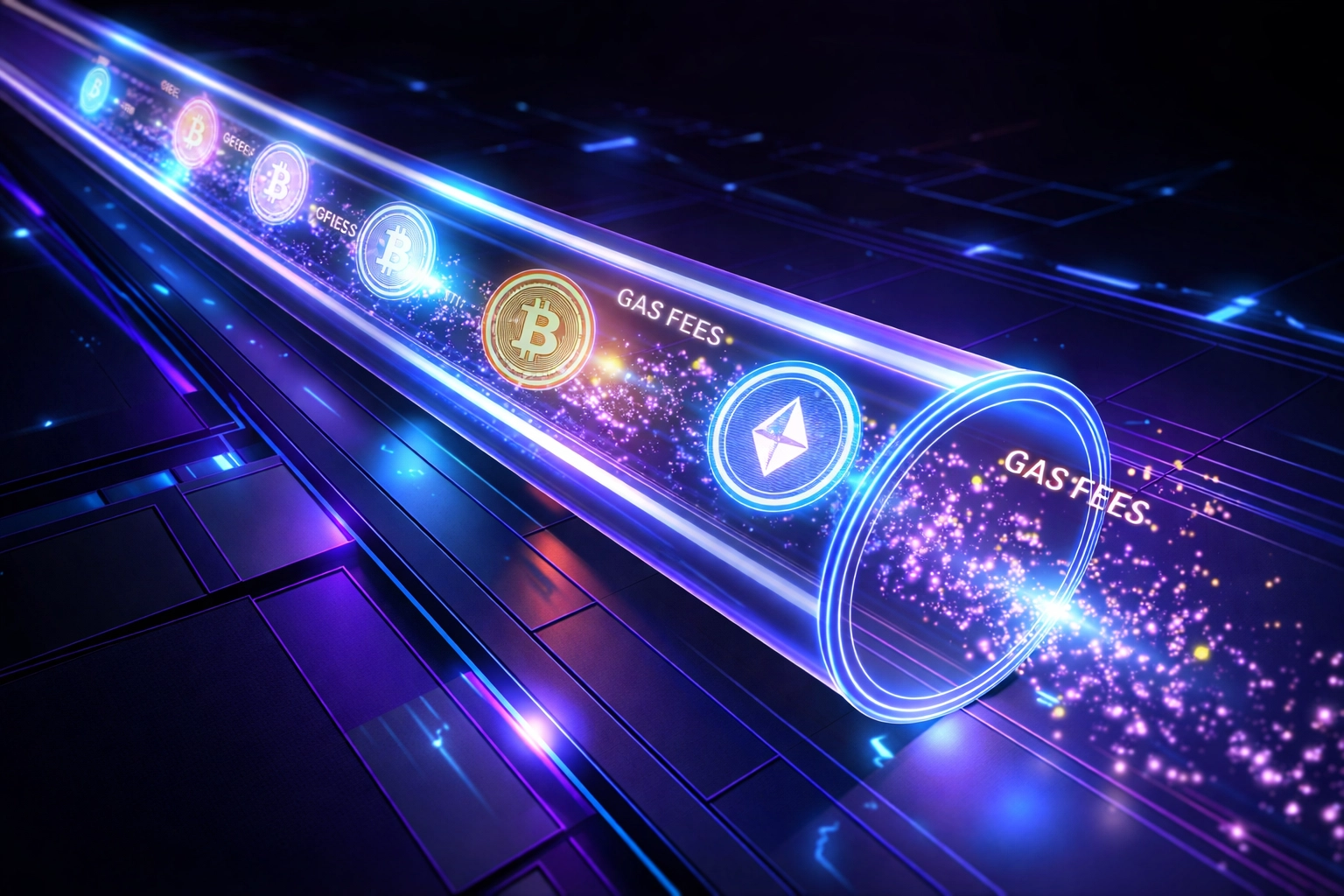 Visualizing seamless crypto transfers with minimal gas fees, highlighting efficiency and fee savings in Larecoin payments