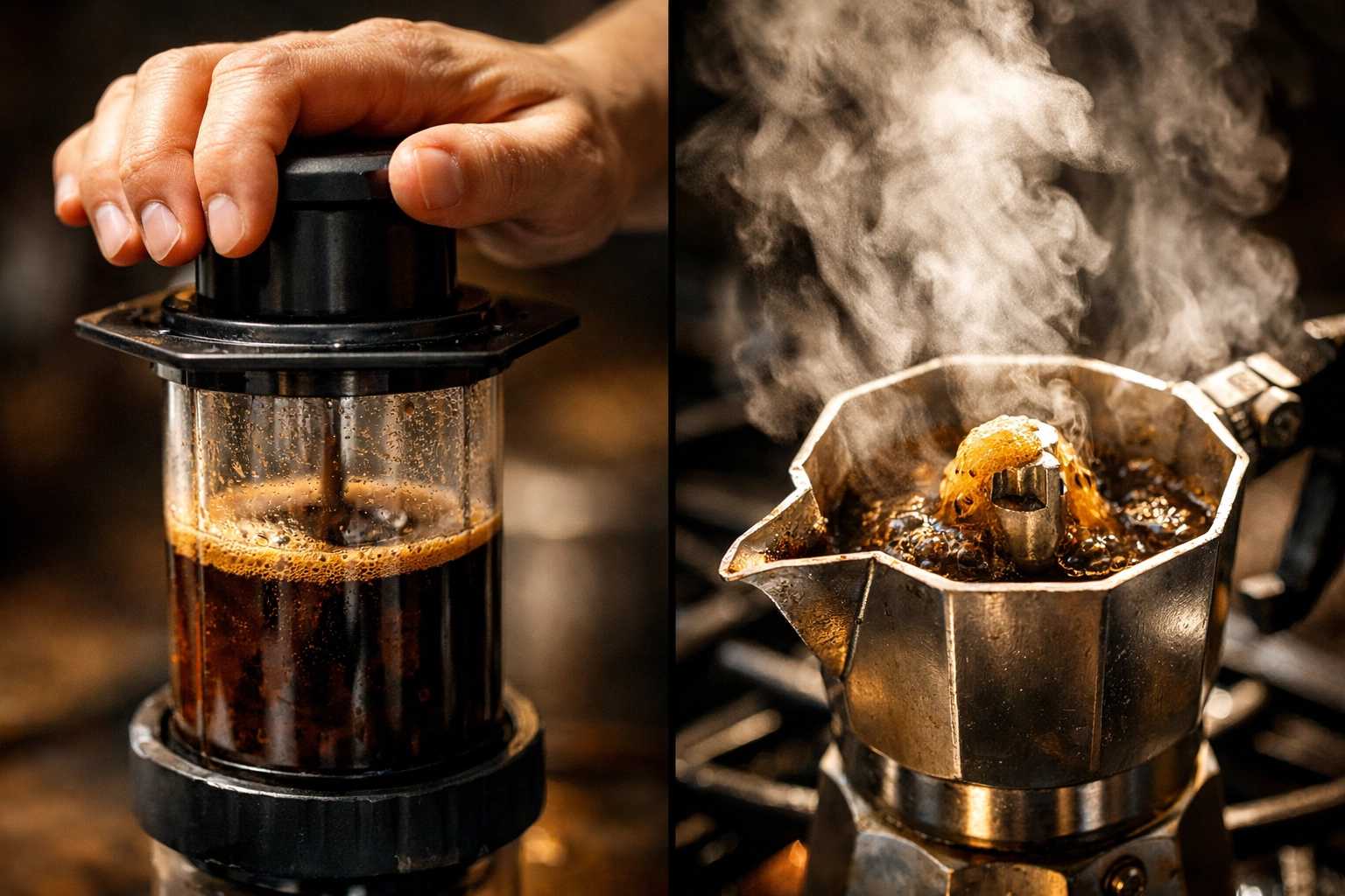 Brewing coffee with AeroPress plunger press and Moka Pot steaming on stovetop