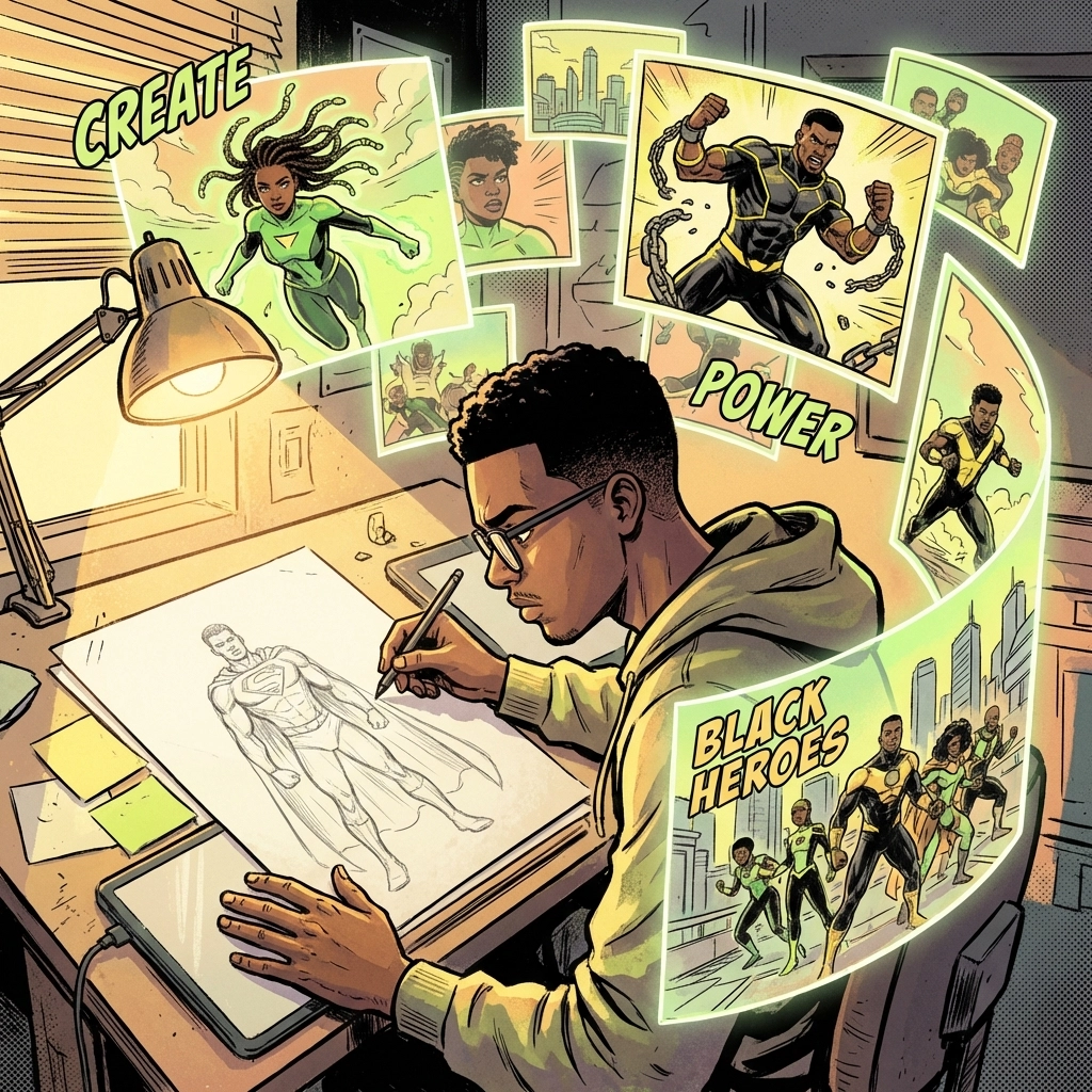 Young Black comic artist creates superhero at desk, surrounded by panels of Black heroes, celebrating representation in comics.