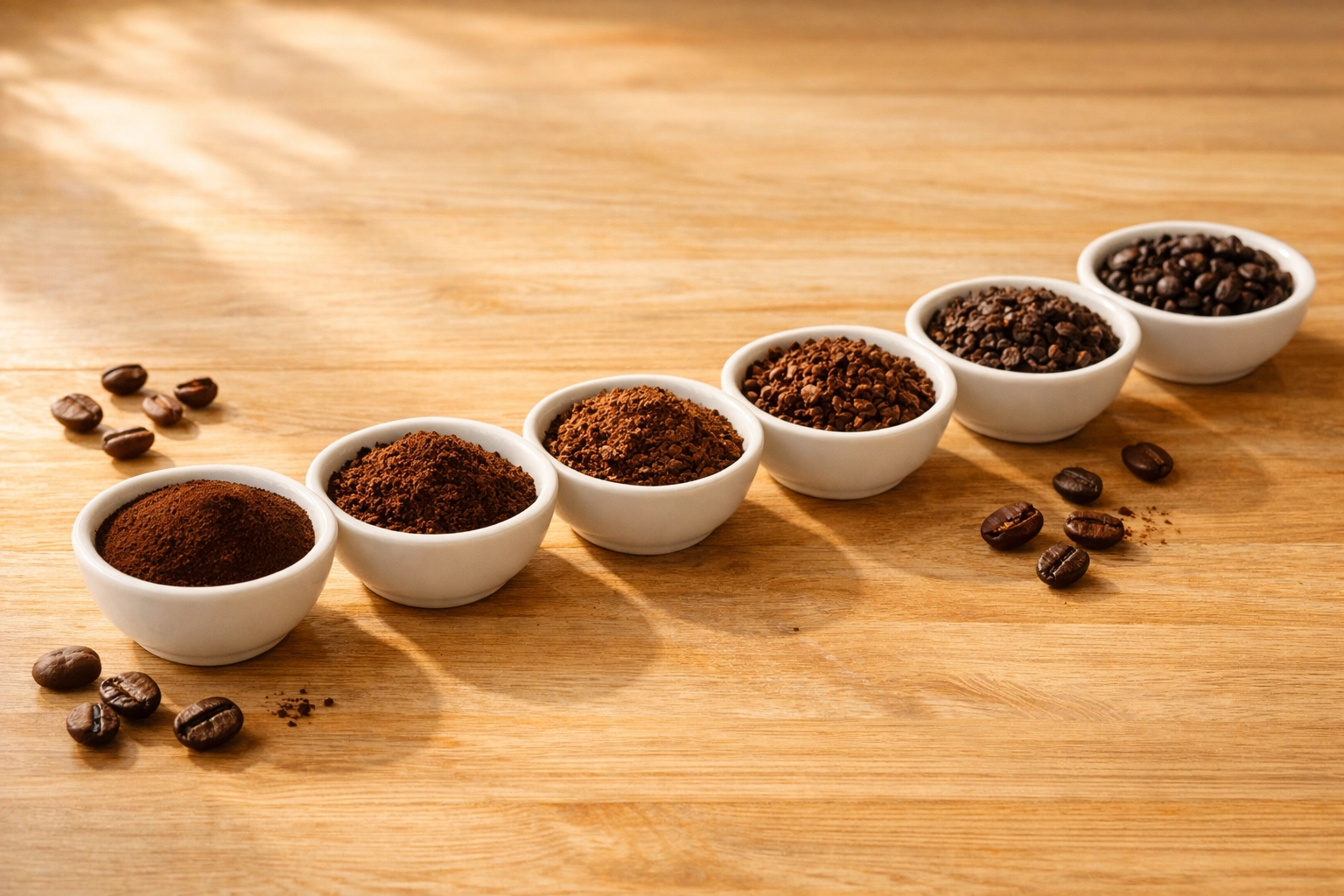 Seven different coffee grind sizes from Turkish coffee to cold brew shown in white bowls