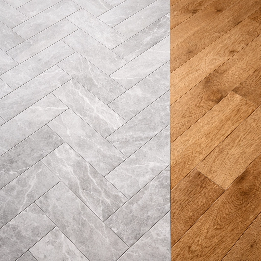 Seamless floor transition between marble herringbone tiles and oak hardwood in an Orlando home.