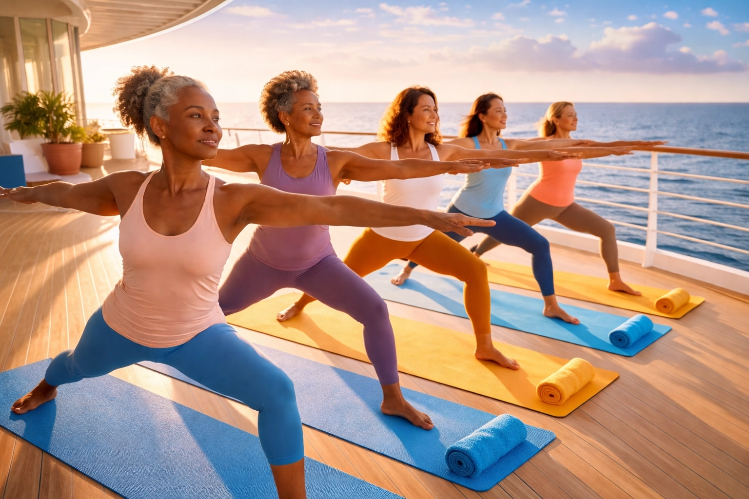 Diverse group of women over 40 practicing sunrise yoga on a cruise ship, embracing wellness retreat at sea