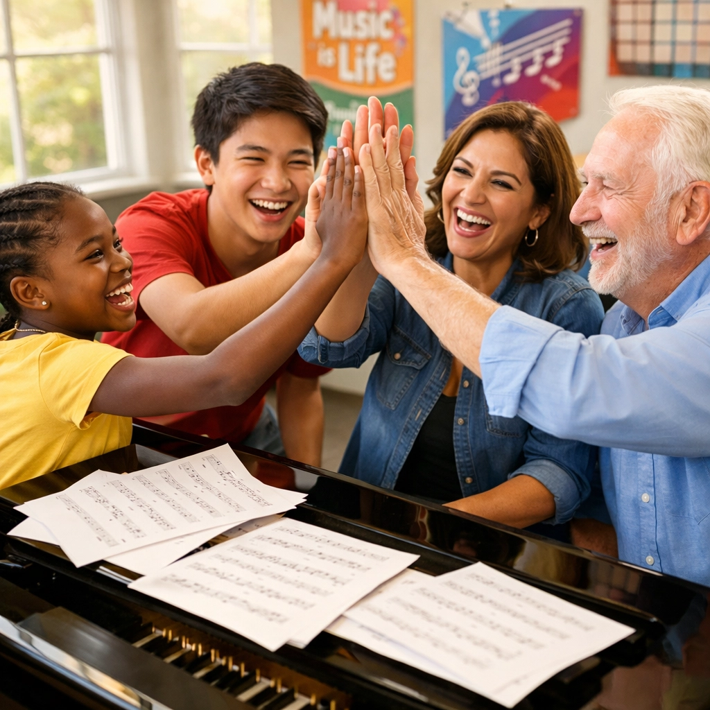 Diverse piano students of all ages celebrating together at Piano Keys for Christ in Stonecrest, GA