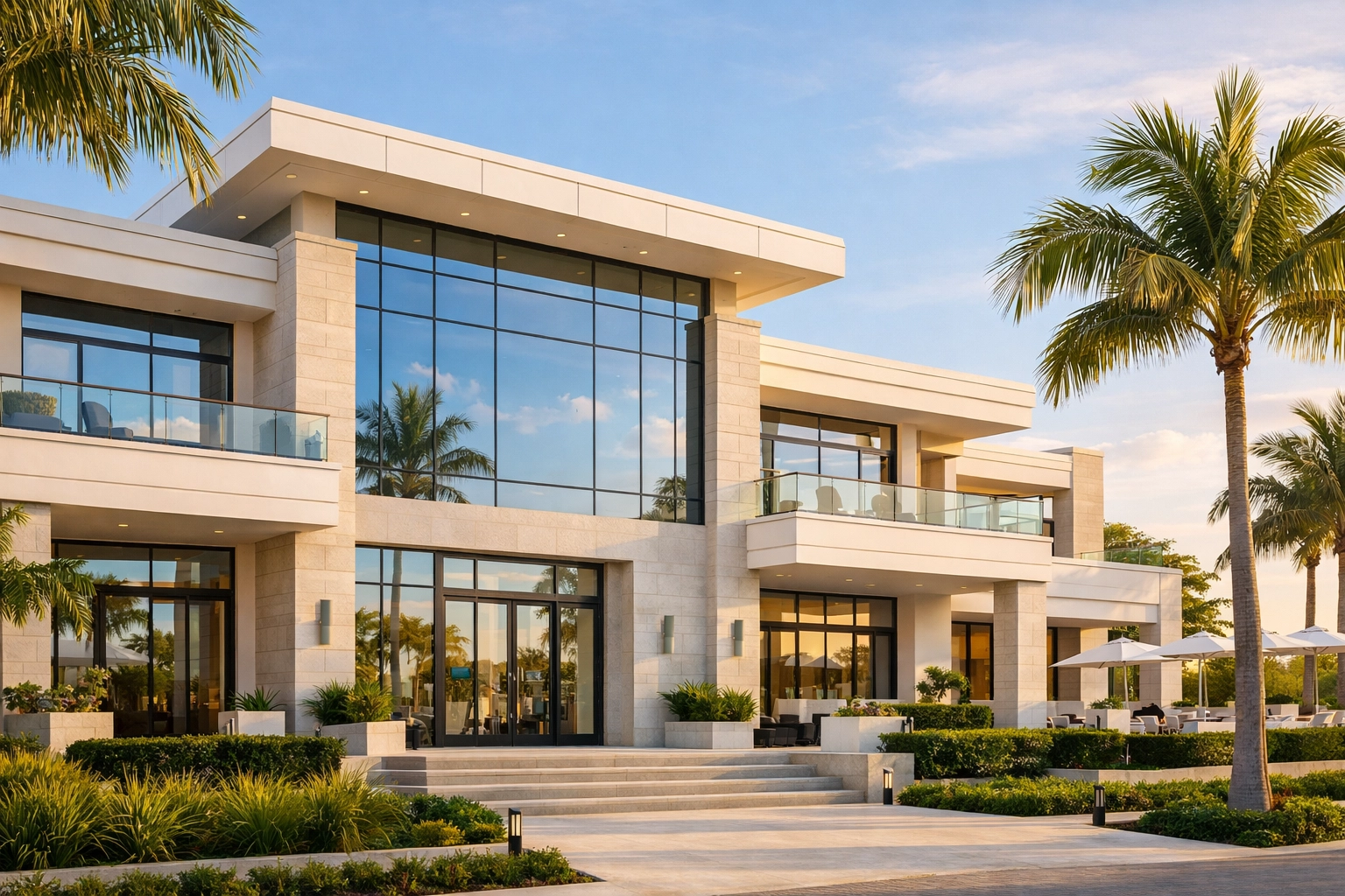 Modern luxury hotel facade highlighting high-quality commercial construction in South Florida.