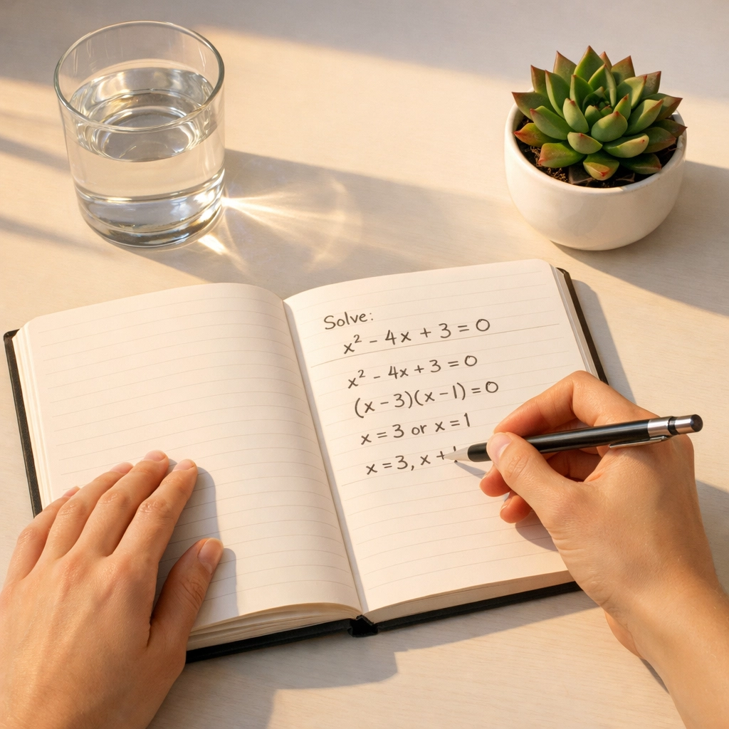 Student solving a quadratic equation in a notebook as part of a focused SAT math study plan.