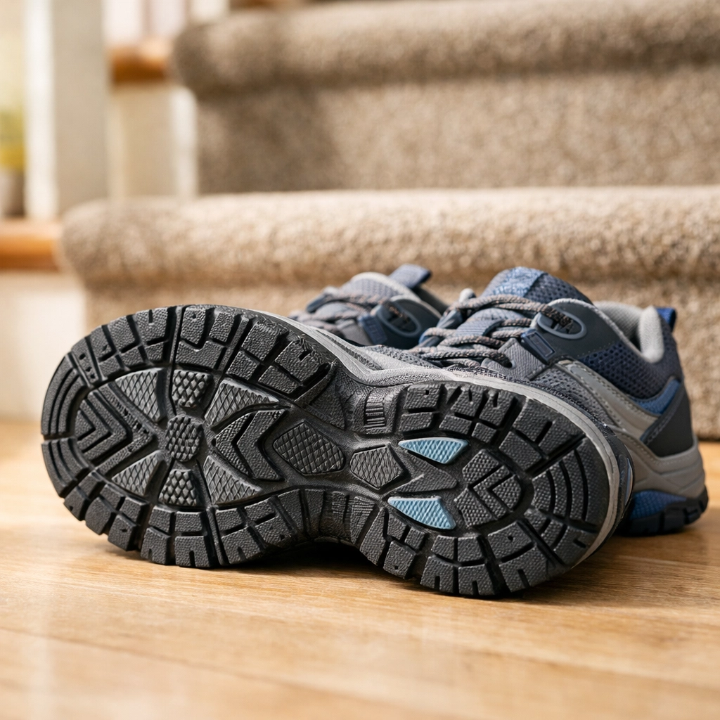 Close-up of non-slip walking shoes with high-traction rubber soles for safe stair climbing.