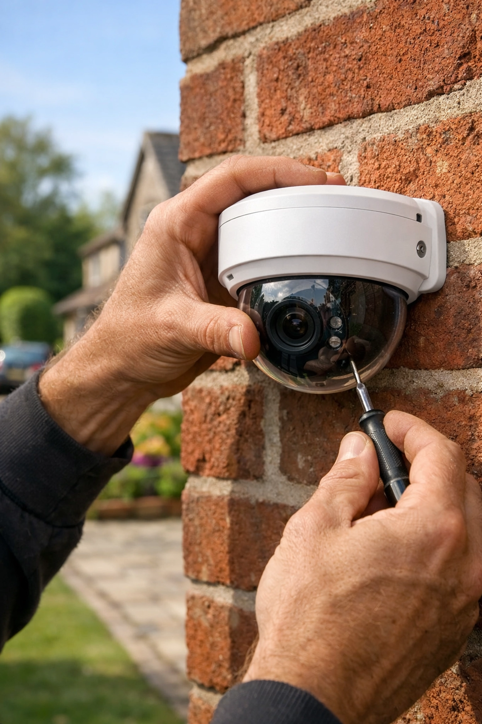 Professional installation of an NVR IP security camera on a red-brick home by Bridgwater security experts.