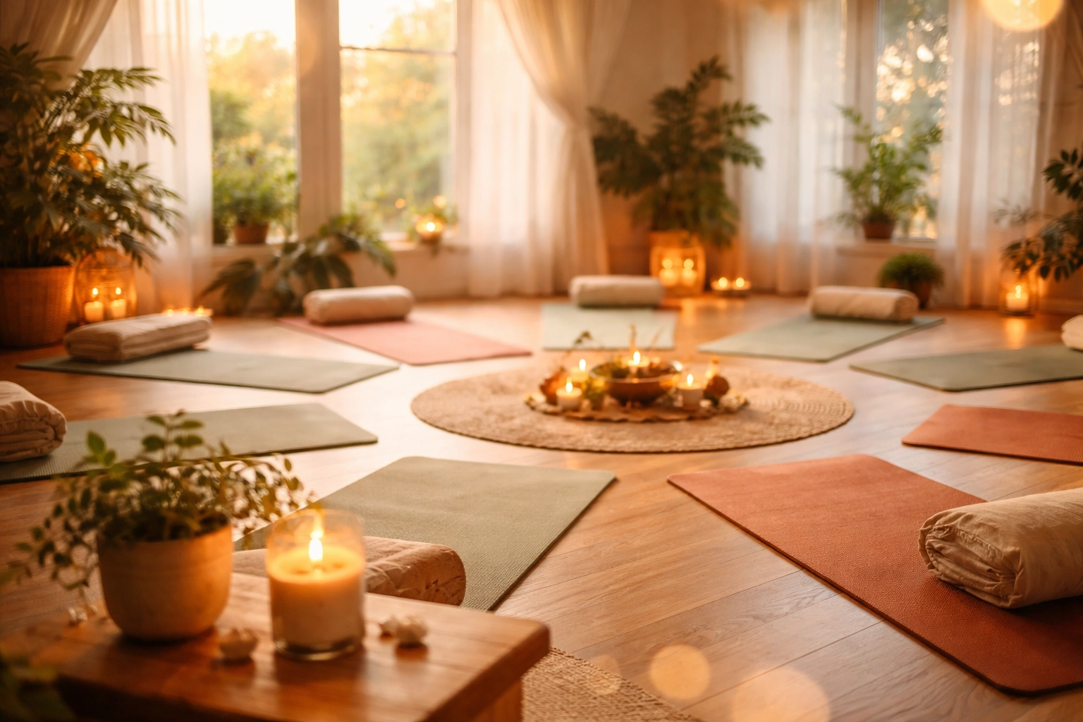 Inviting yoga studio with mats in a welcoming circle and soft natural light, symbolizing community and mindfulness during SOBRUARY Challenge
